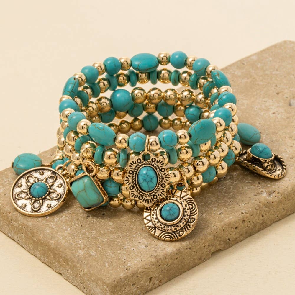 Soul Of Sita Turquoise Western Charms Beaded Bracelet Set: G