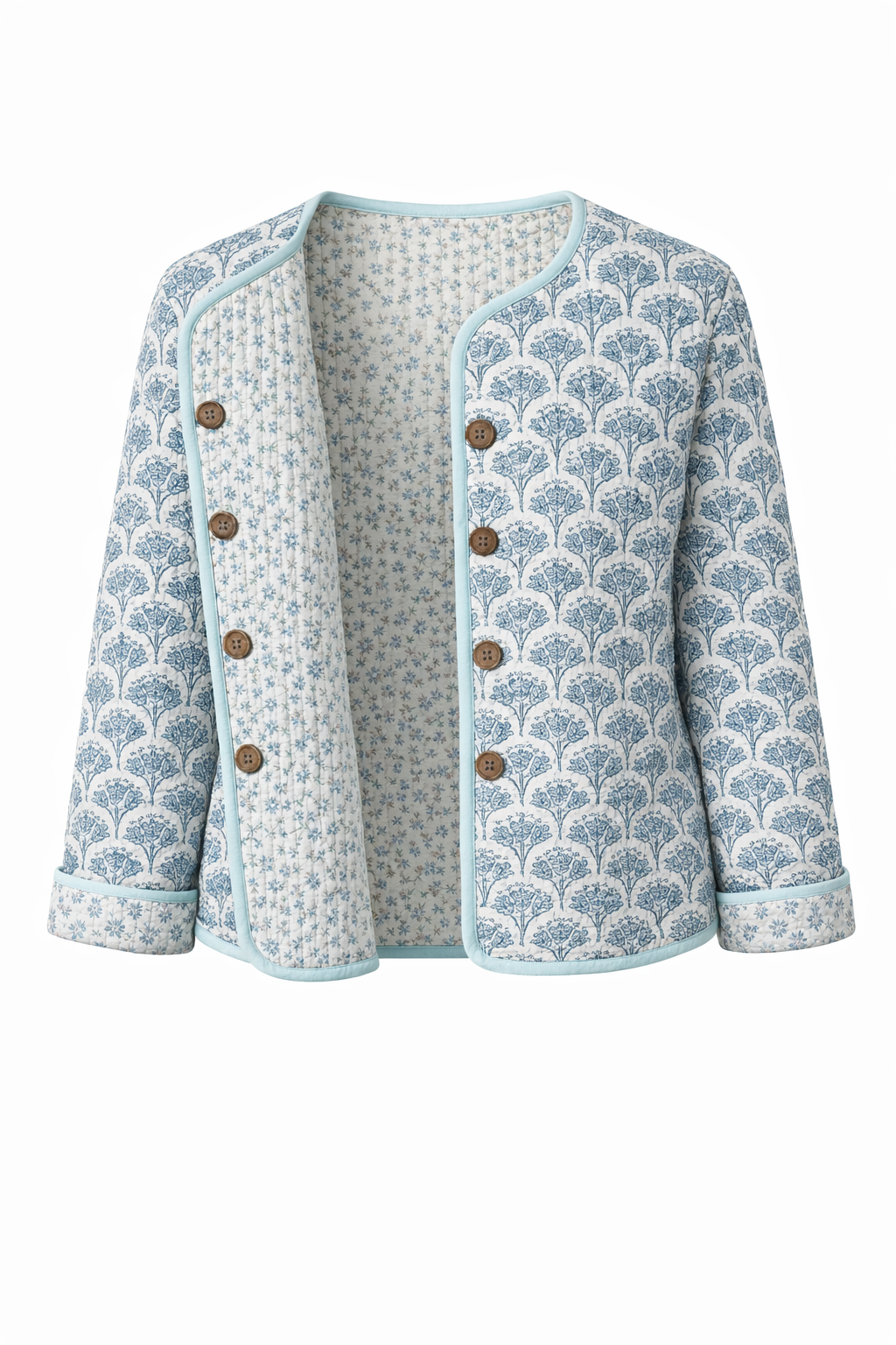 Soul Of Sita Wood Block Printed Cotton Quilted Reversible Jacket In Soft Blues.