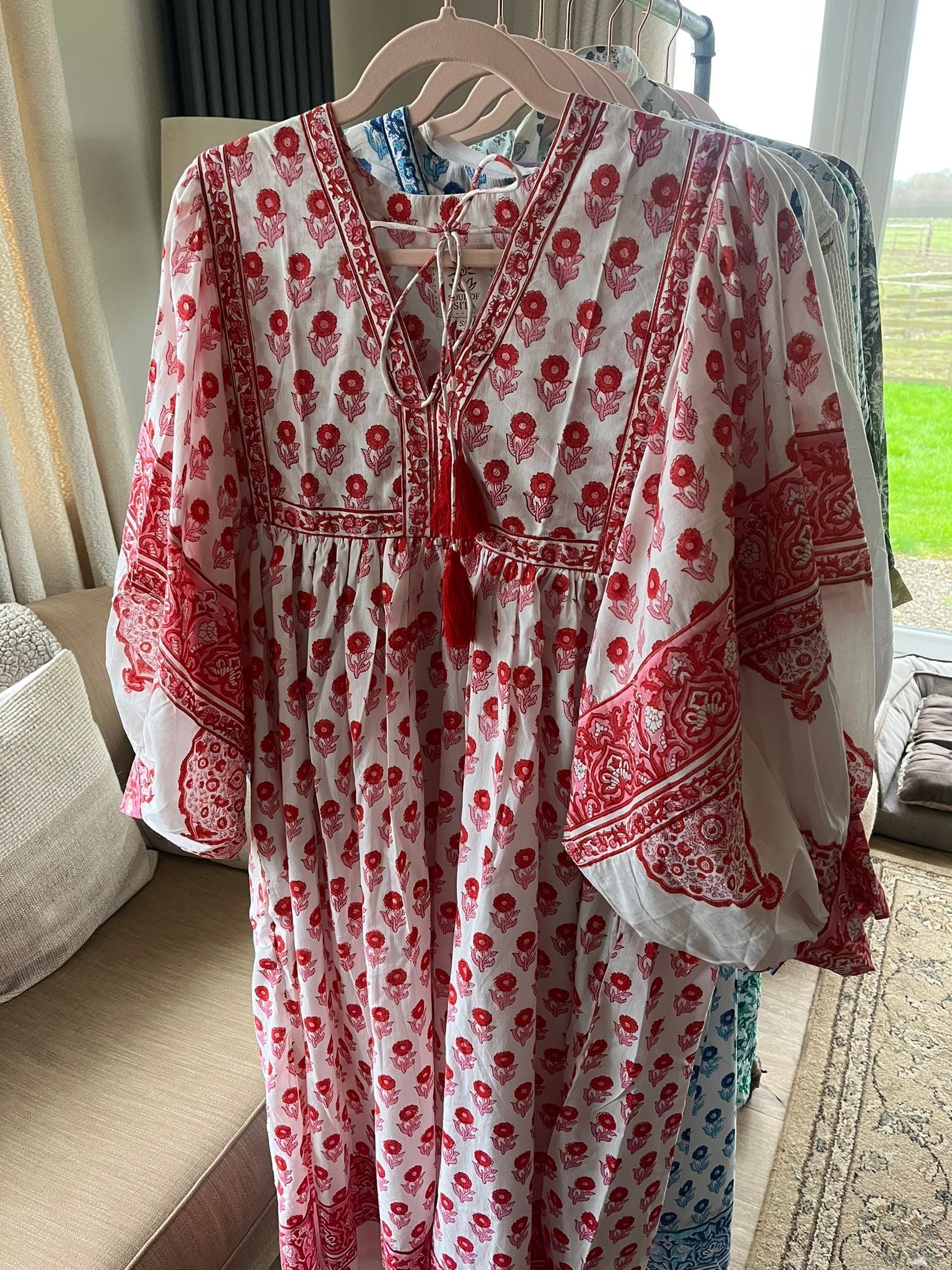 Soul Of Sita Amelia Red Floaty Sleeve Folk Print Maxi Dress