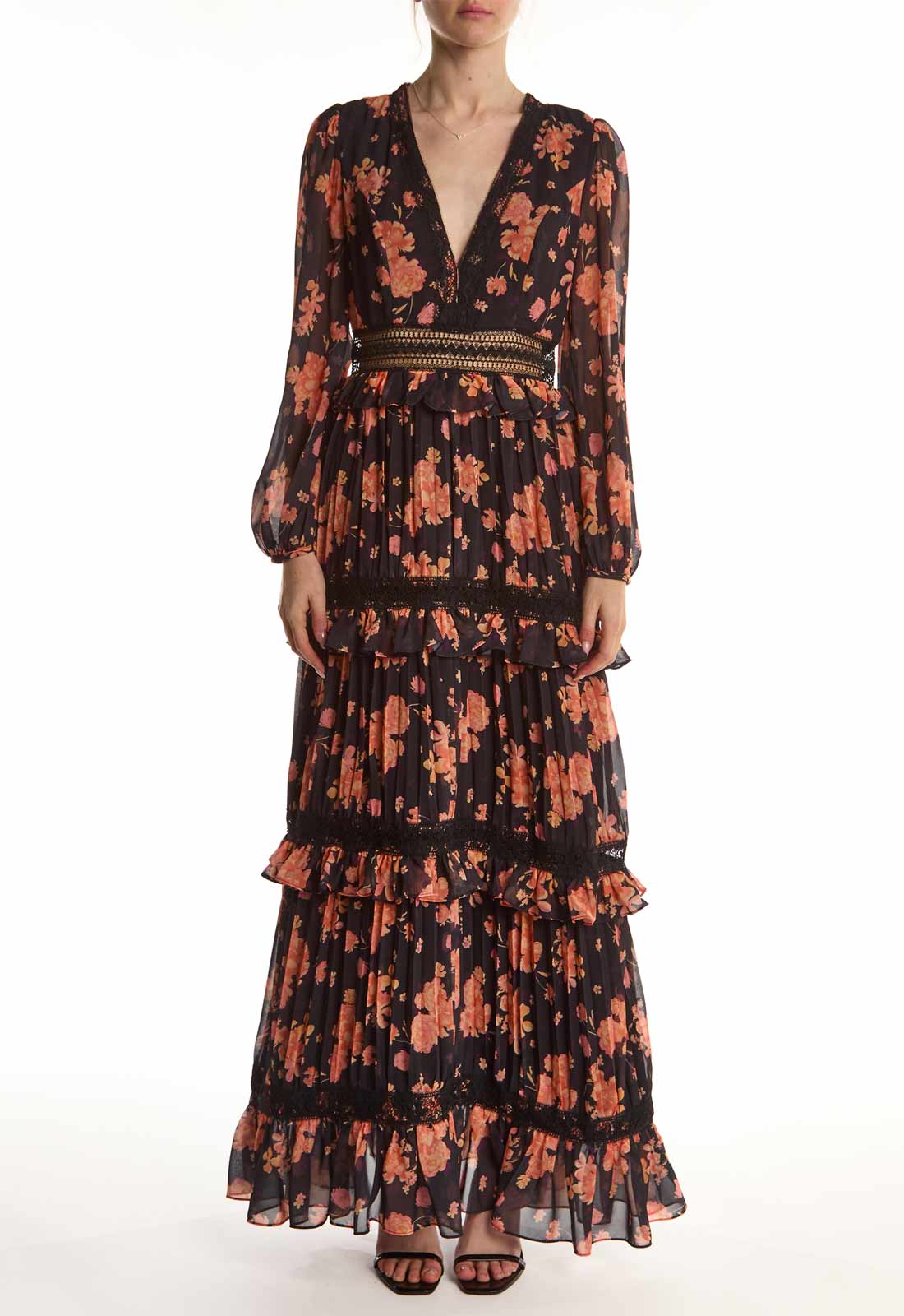 True Decadence Black Flower Chiffon V-neck Maxi Dress