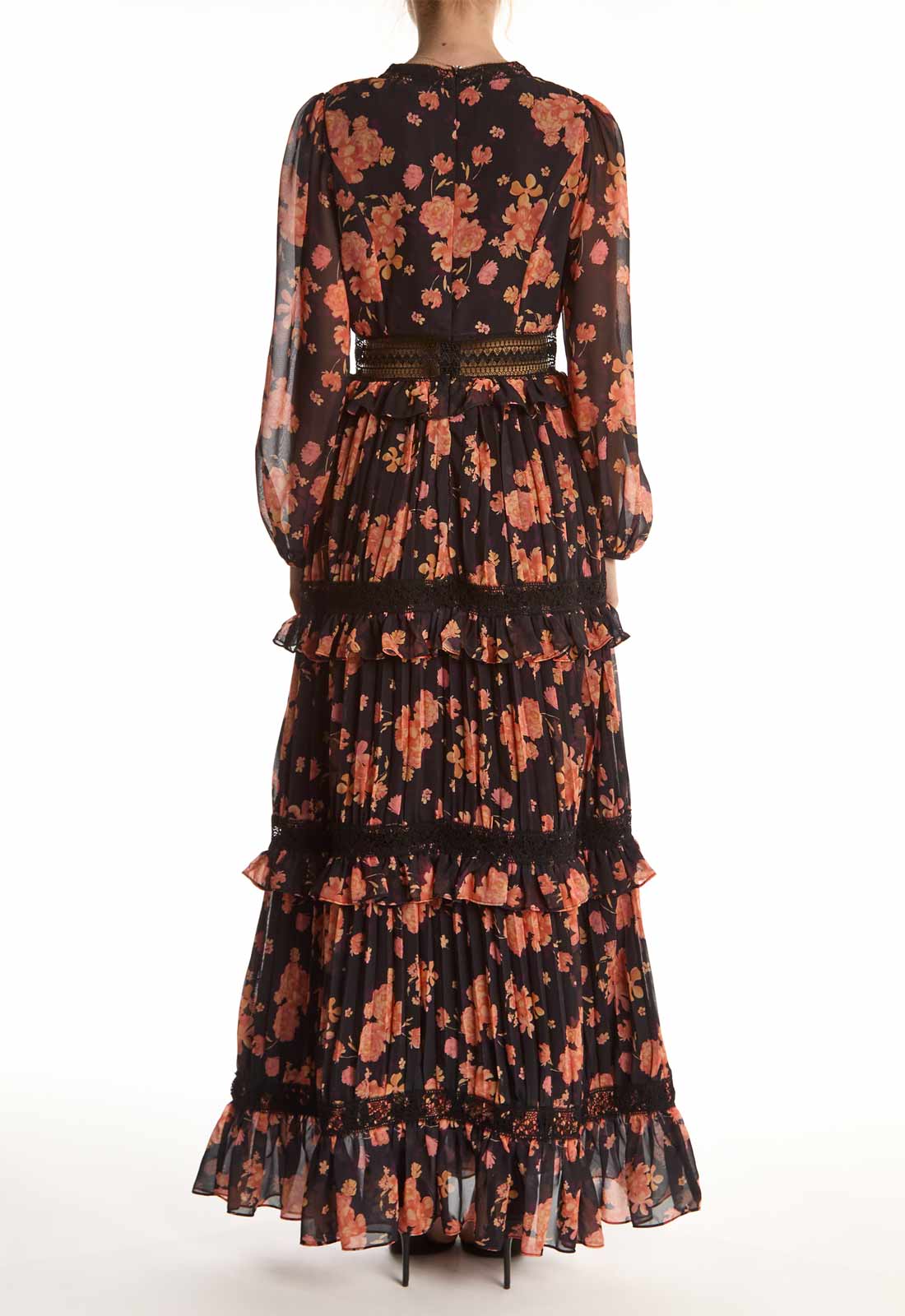 True Decadence Black Flower Chiffon V-neck Maxi Dress