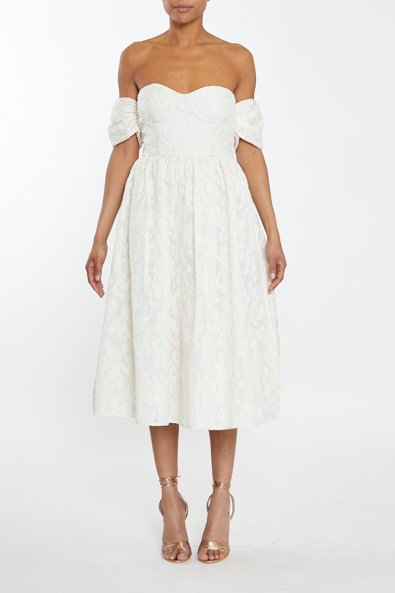 Amelia Cream Jacquard Bardot Midaxi Skater Dress-image-1