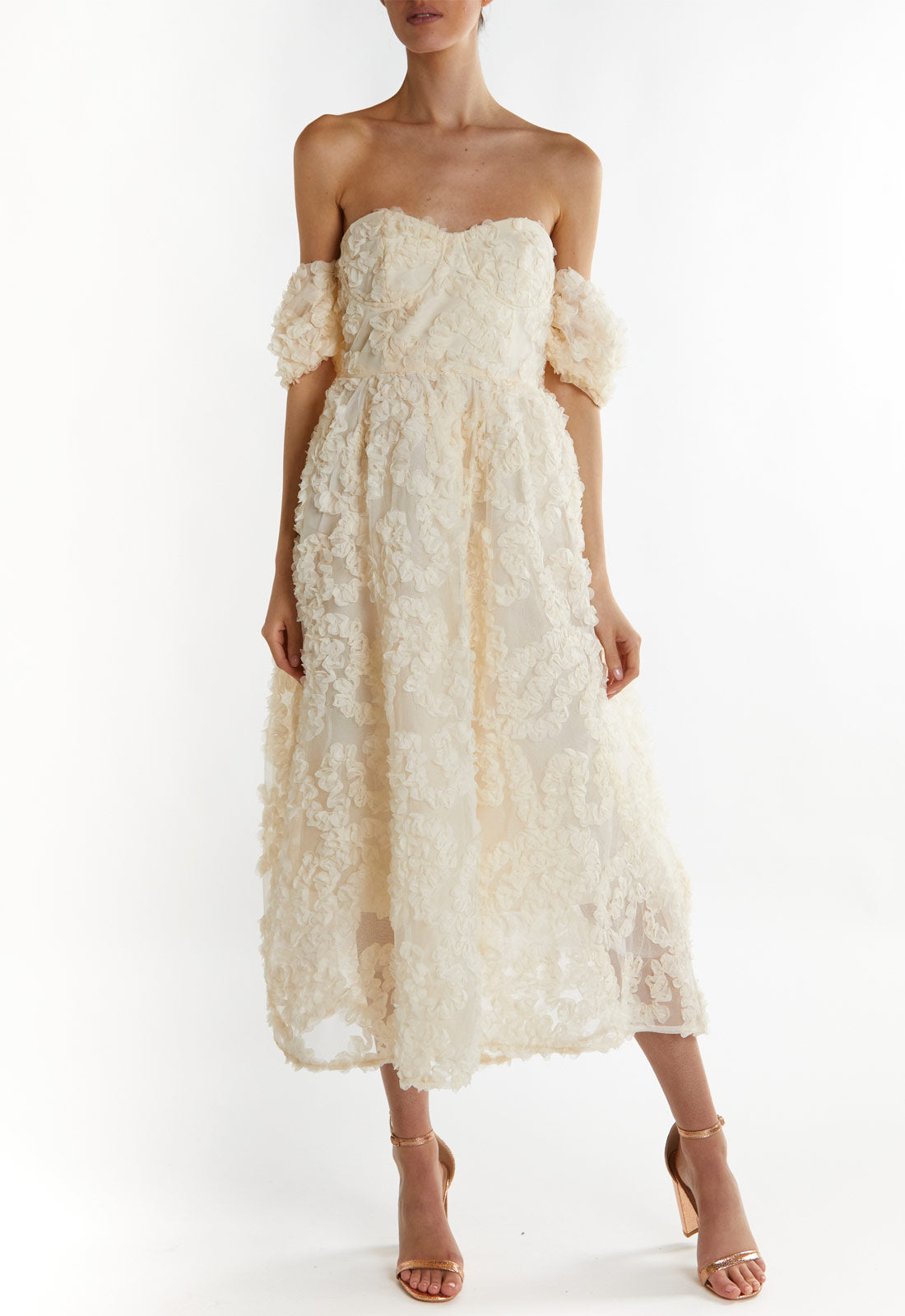 cream lace bardot dress Ellie Lace Corset Dress In Ivory