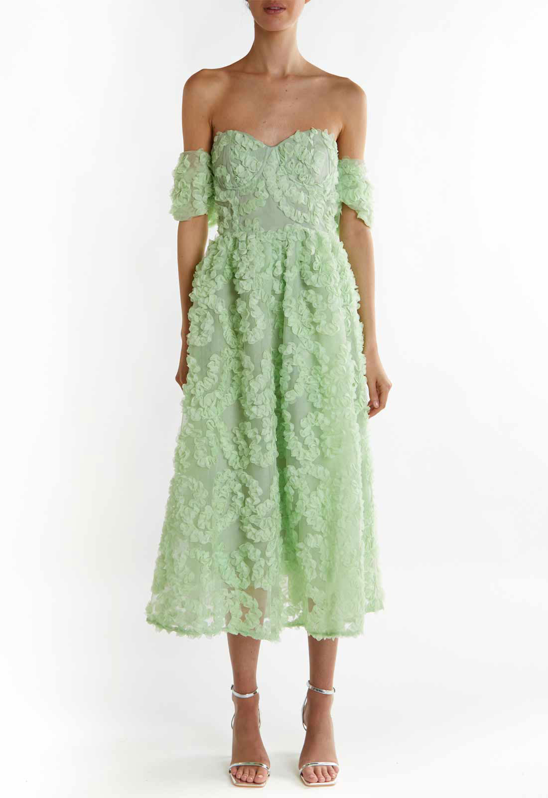 green lace bardot dress Floral Mesh Bardot Lace Dress Green
