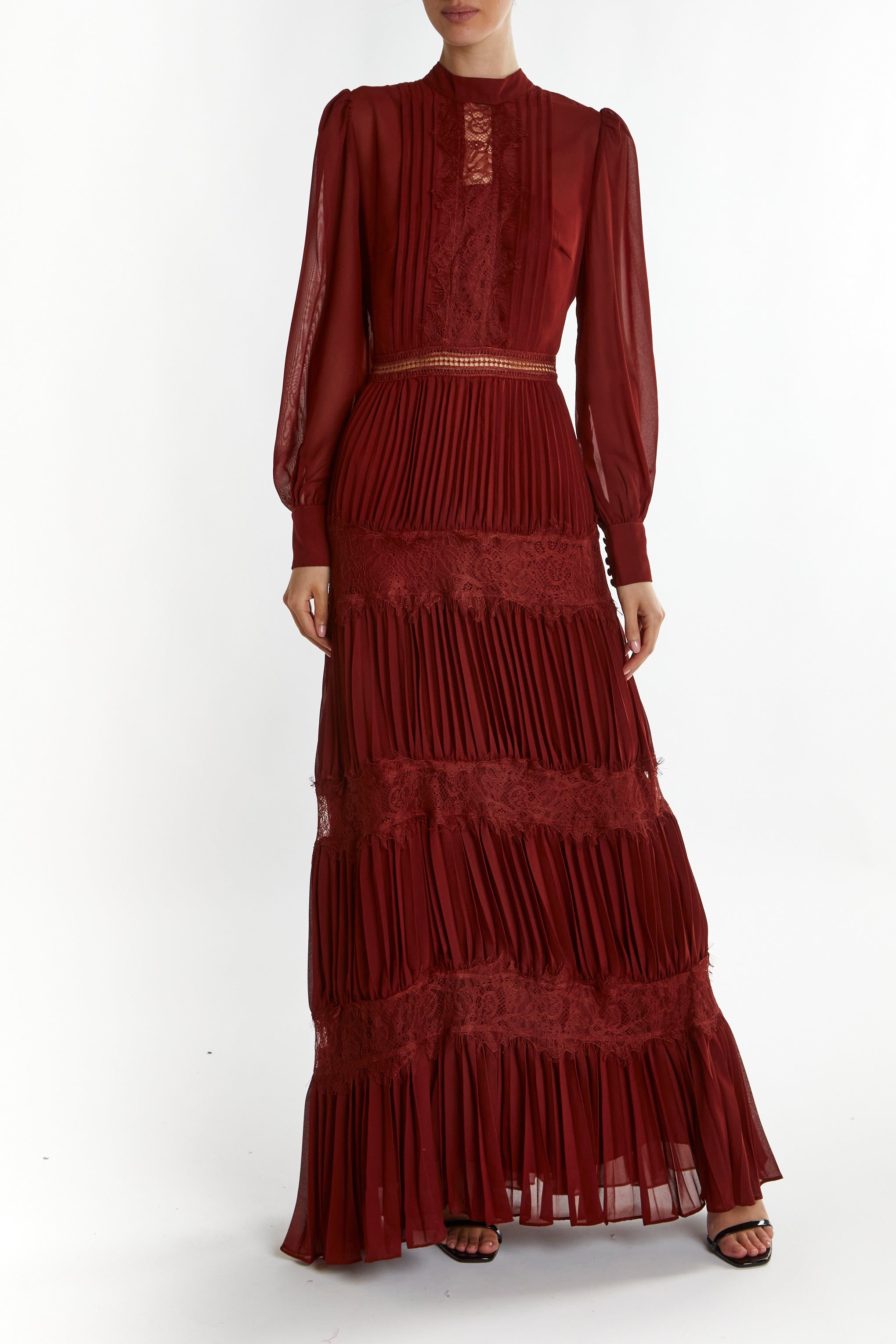 True Decadence Burgundy Holly High-Neck Pleated Maxi Dress