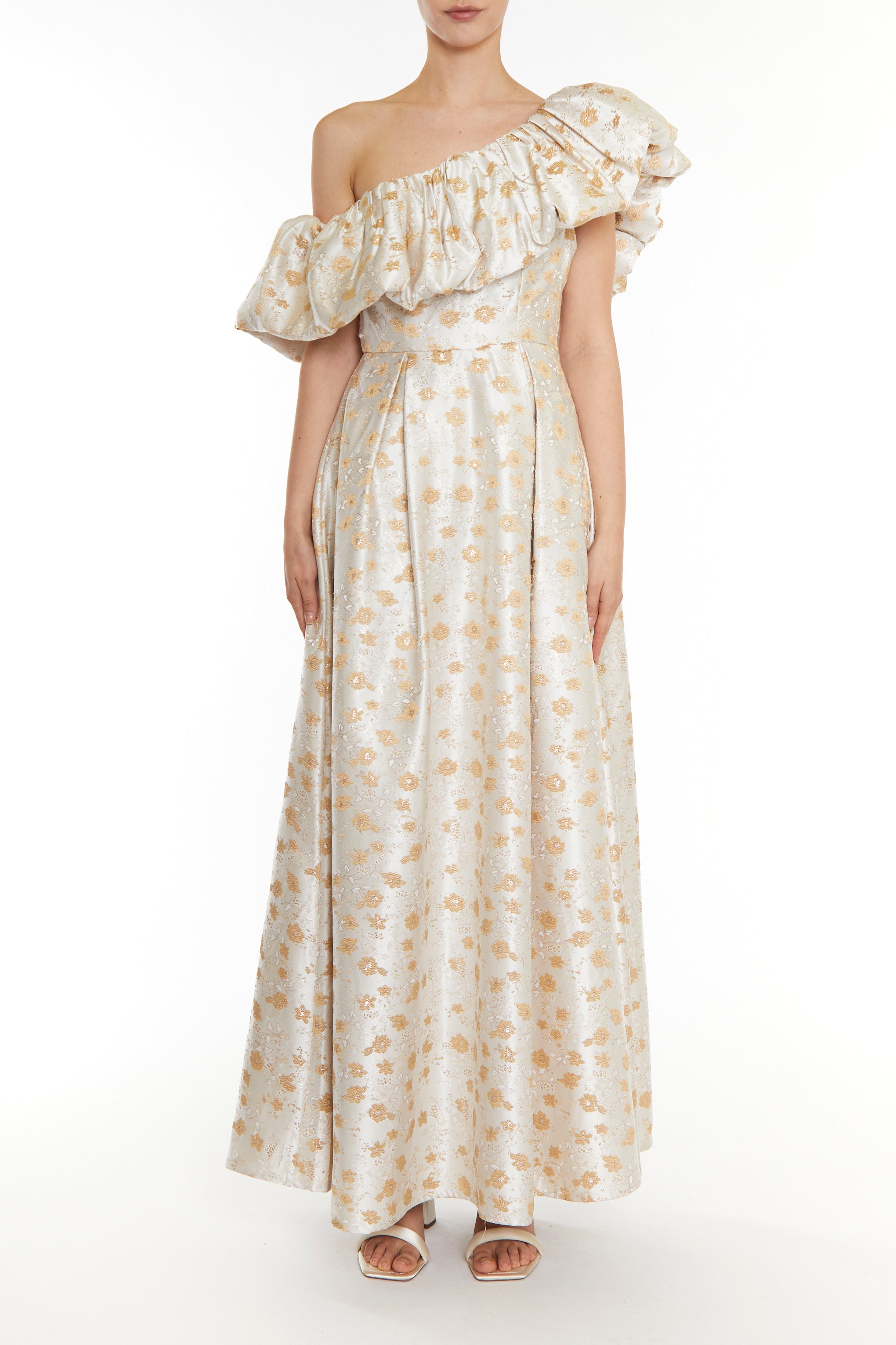 Blake Cream Gold Jacquard Puff One Shoulder Maxi-Dress-image-1
