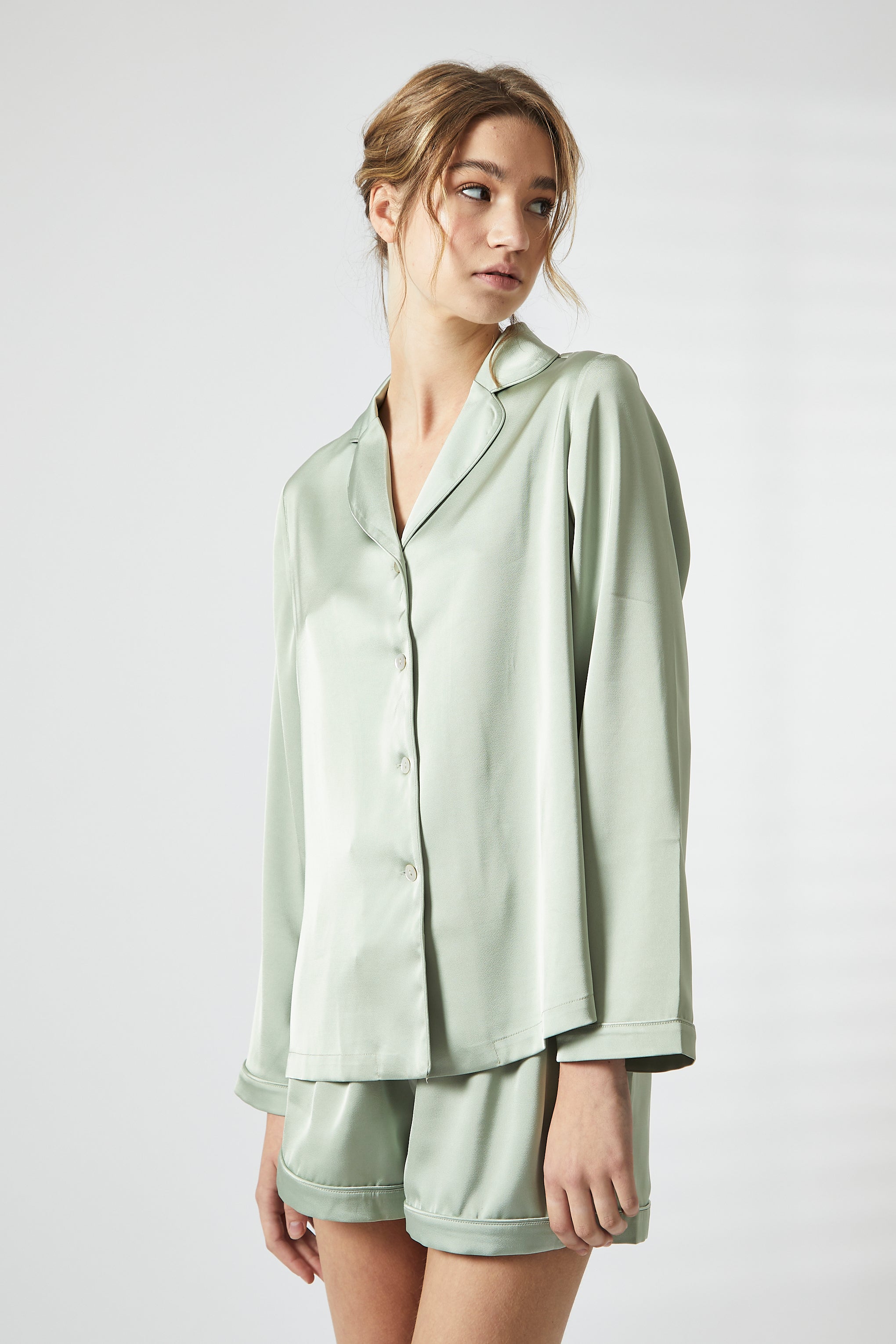 Sage Green Trim Short Satin Pyjama Set-image-2