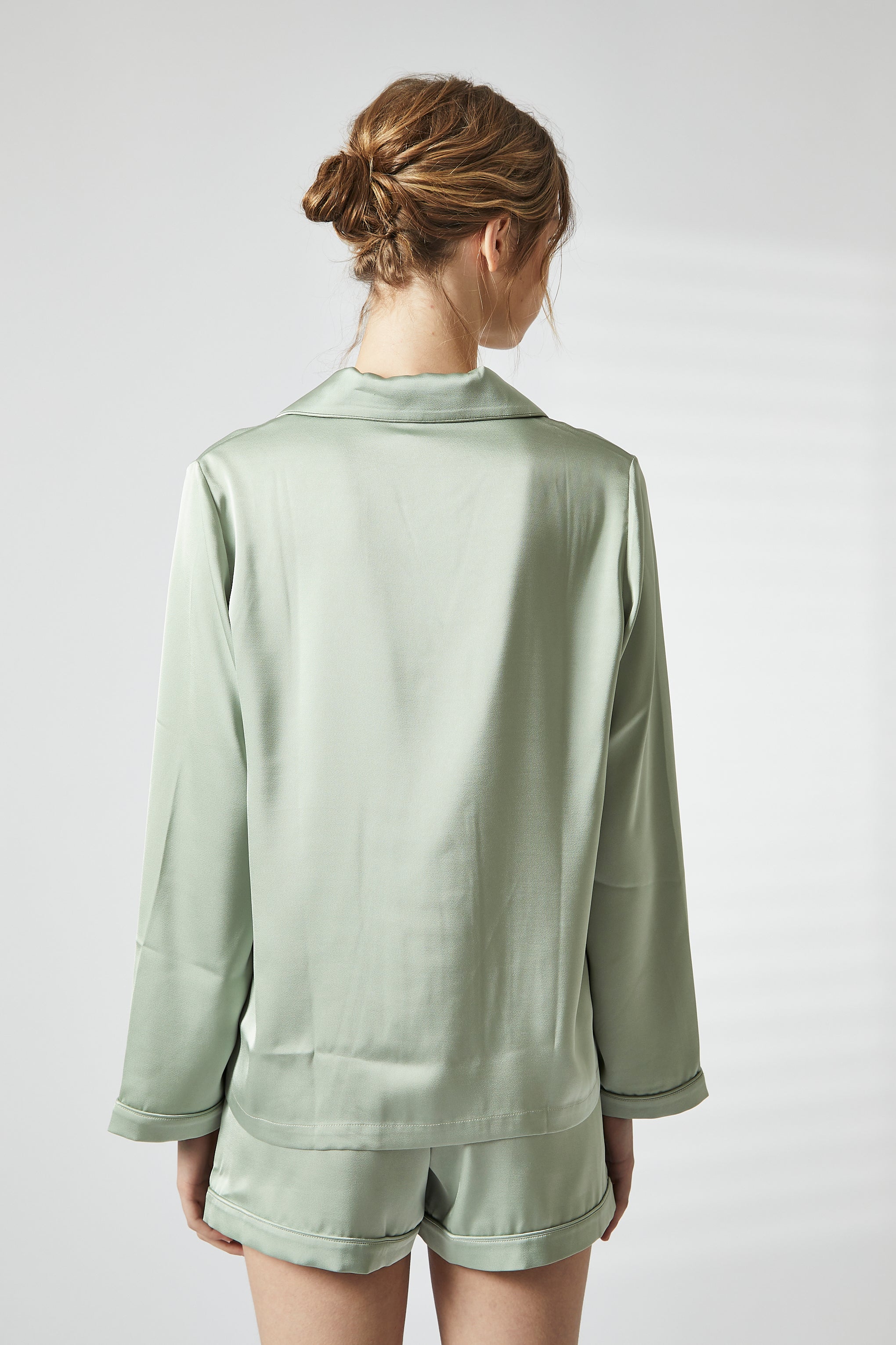 Sage Green Trim Short Satin Pyjama Set-image-5