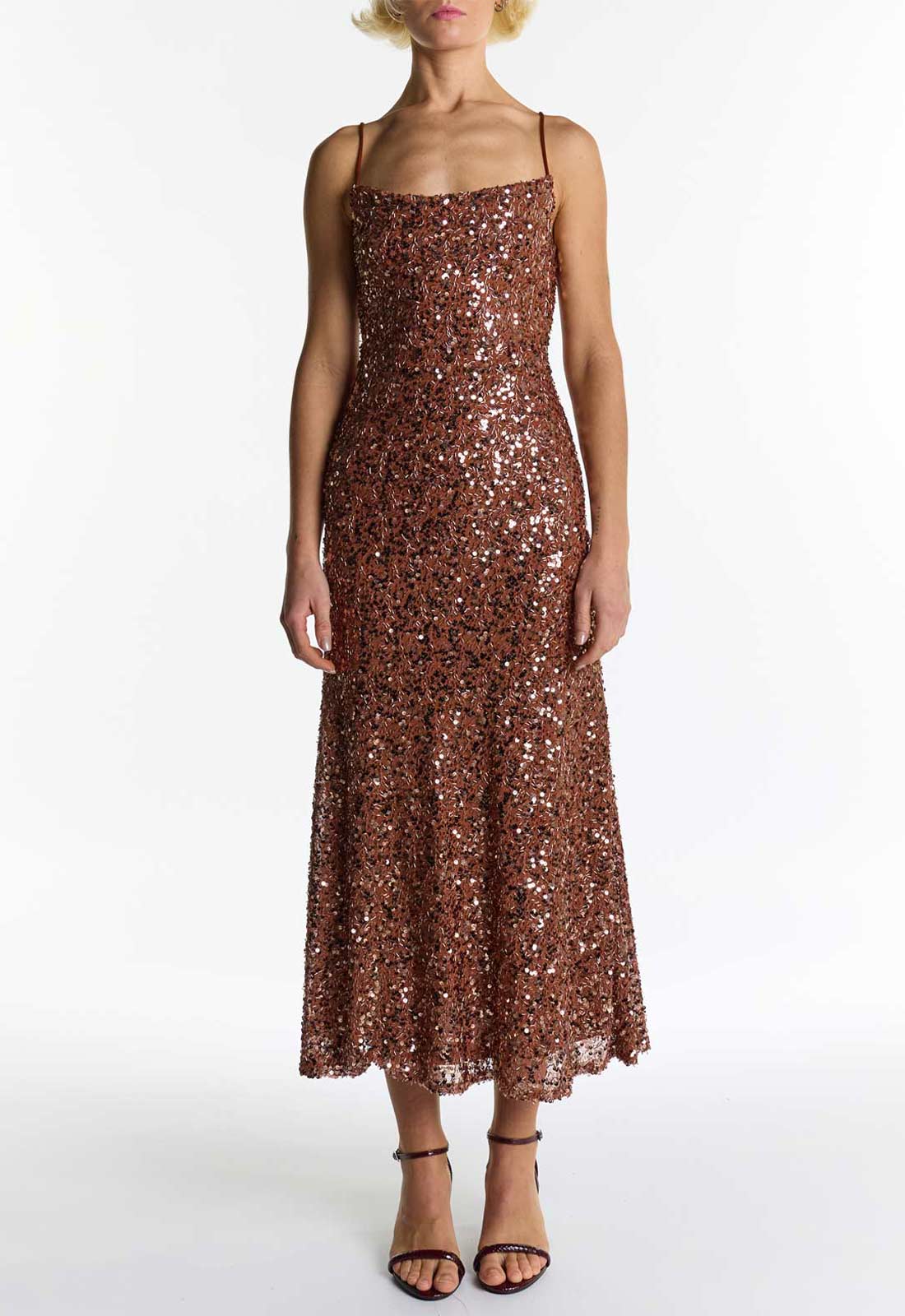 True Decadence Mocha Frankie Tan Sequin Bias Cut Maxi-Midi Dress