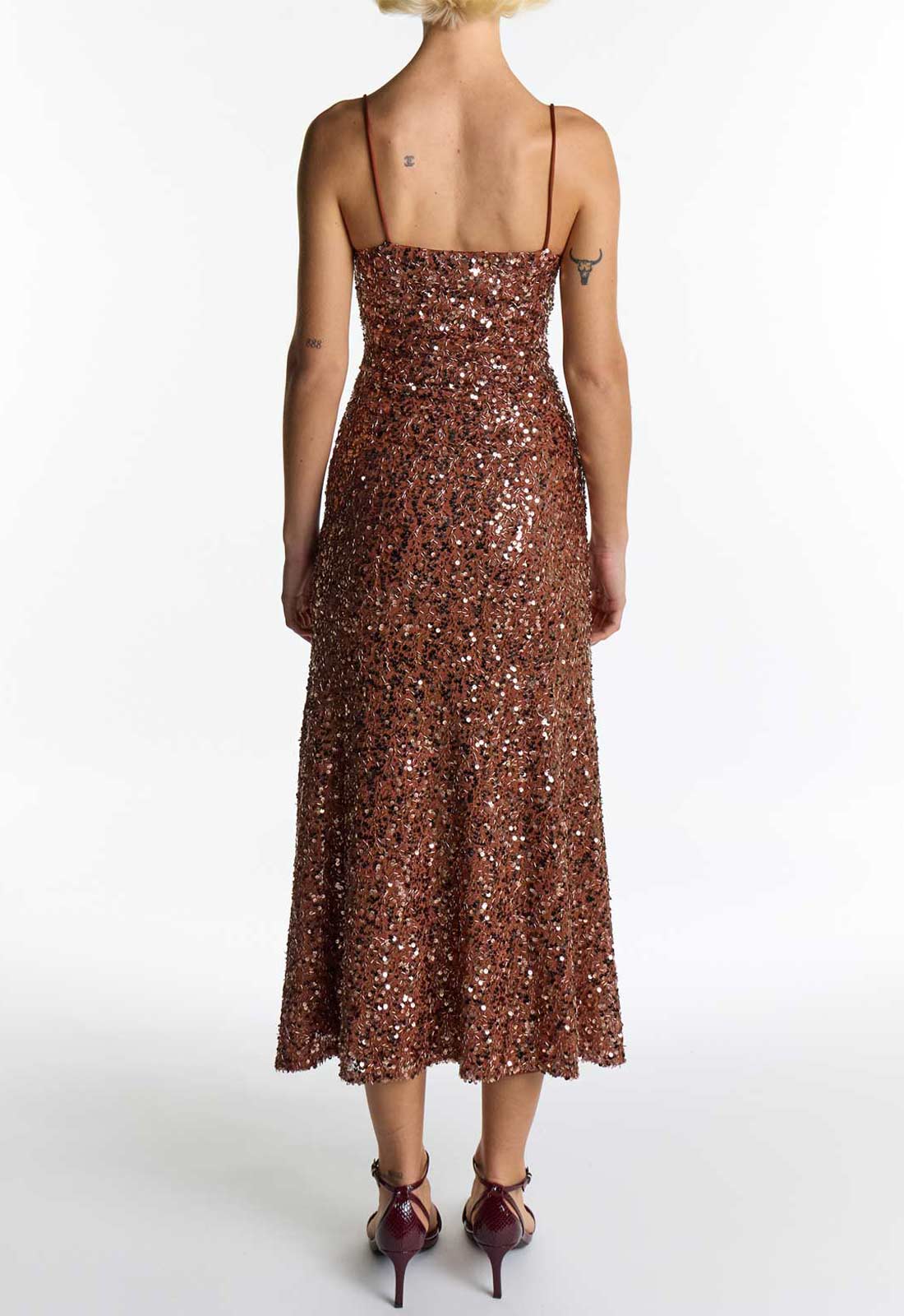 True Decadence Mocha Frankie Tan Sequin Bias Cut Maxi-Midi Dress back