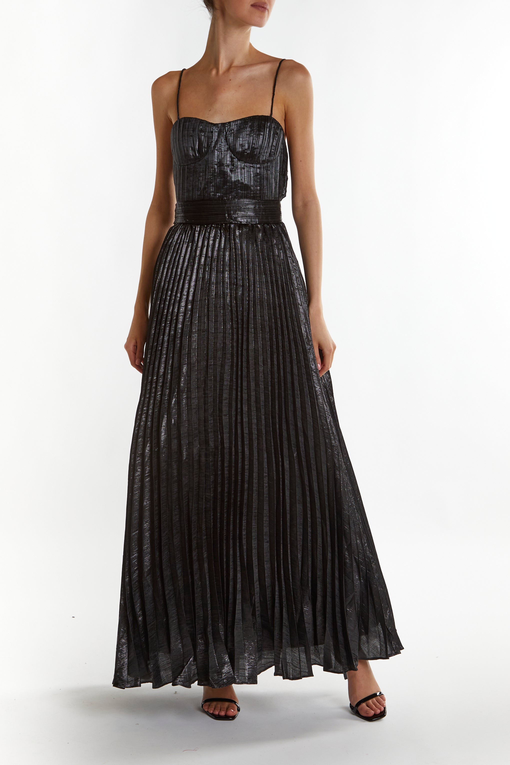 True Decadence Black-Crinkle Kate Pleated Strappy Maxi Dress