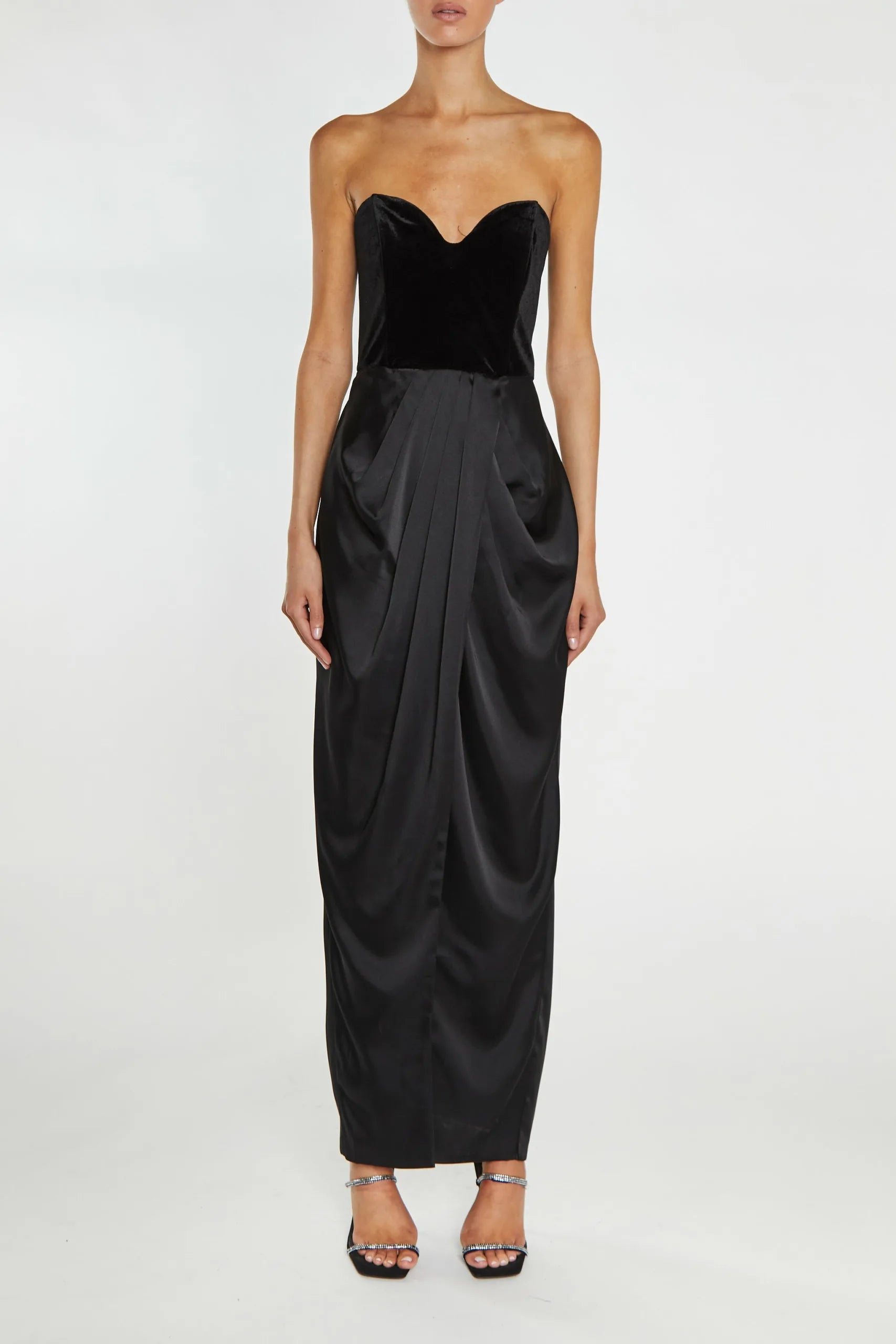 True Decadence Alexis Black Bandeau Draped Maxi Dress