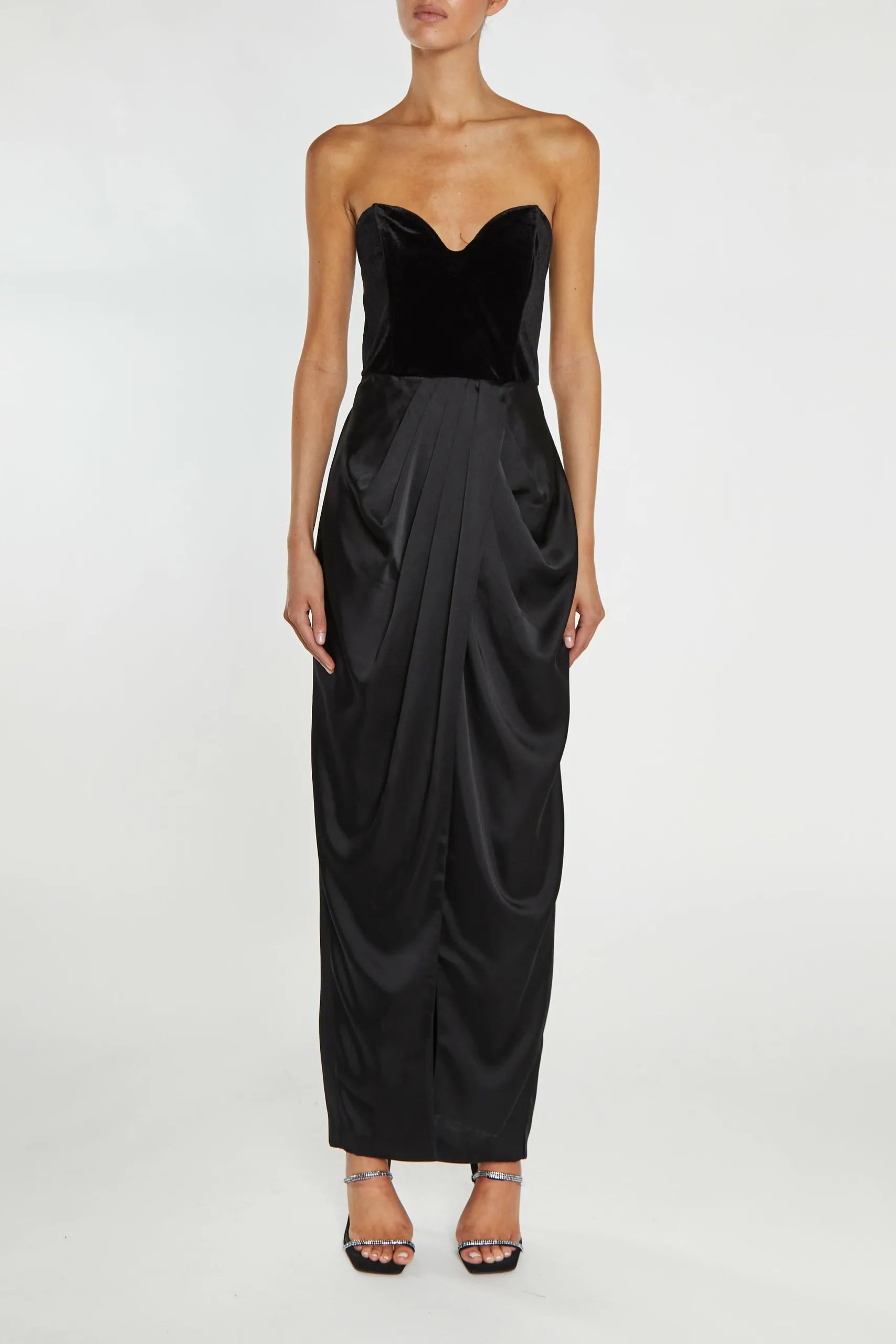 True Decadence Alexis Black Bandeau Draped Maxi Dress