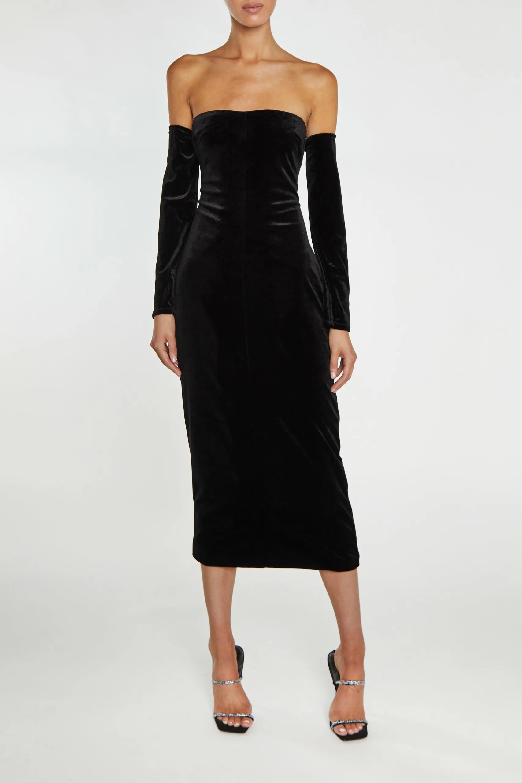 True Decadence Zoe Black Bardot Fitted Midi Dress