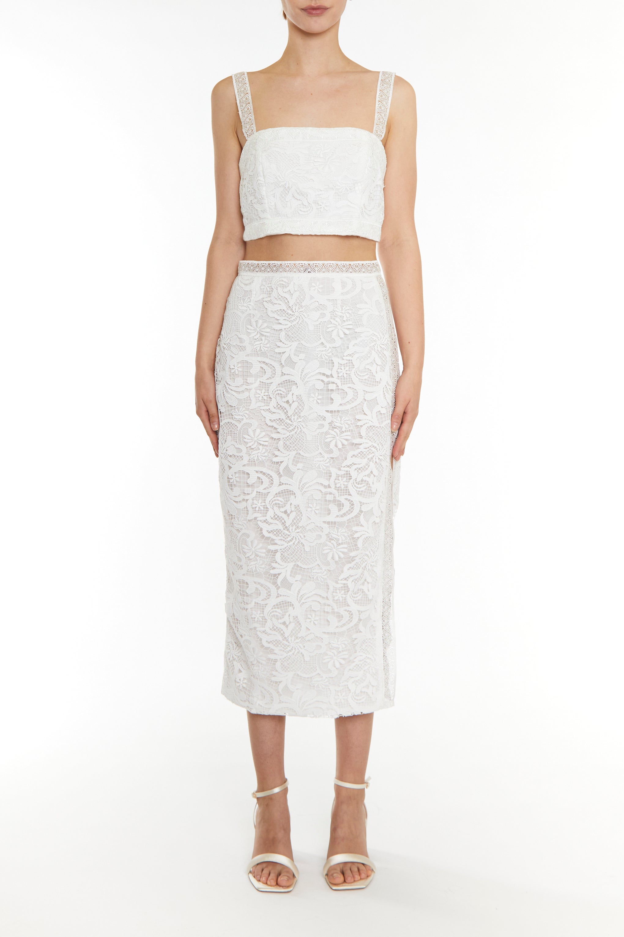 Celine Co-ord White Lace Trim Pencil Midi Skirt-image-1
