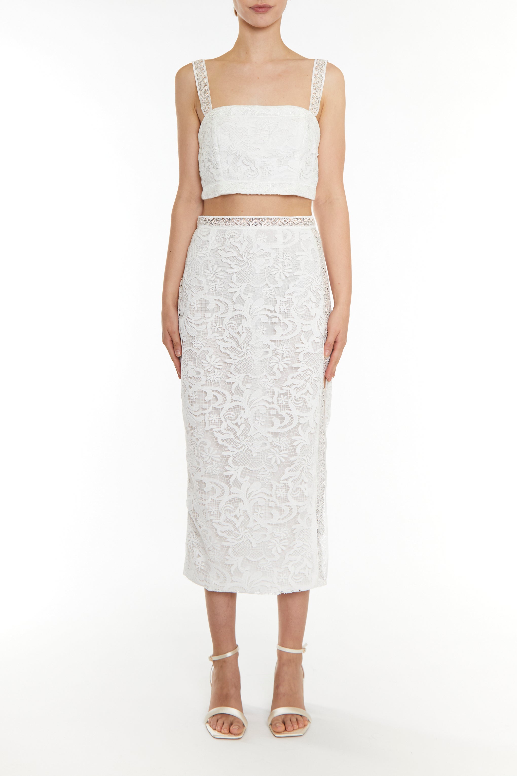 Celine Co-ord White Square-neck Lace Trim Crop Top-image-1