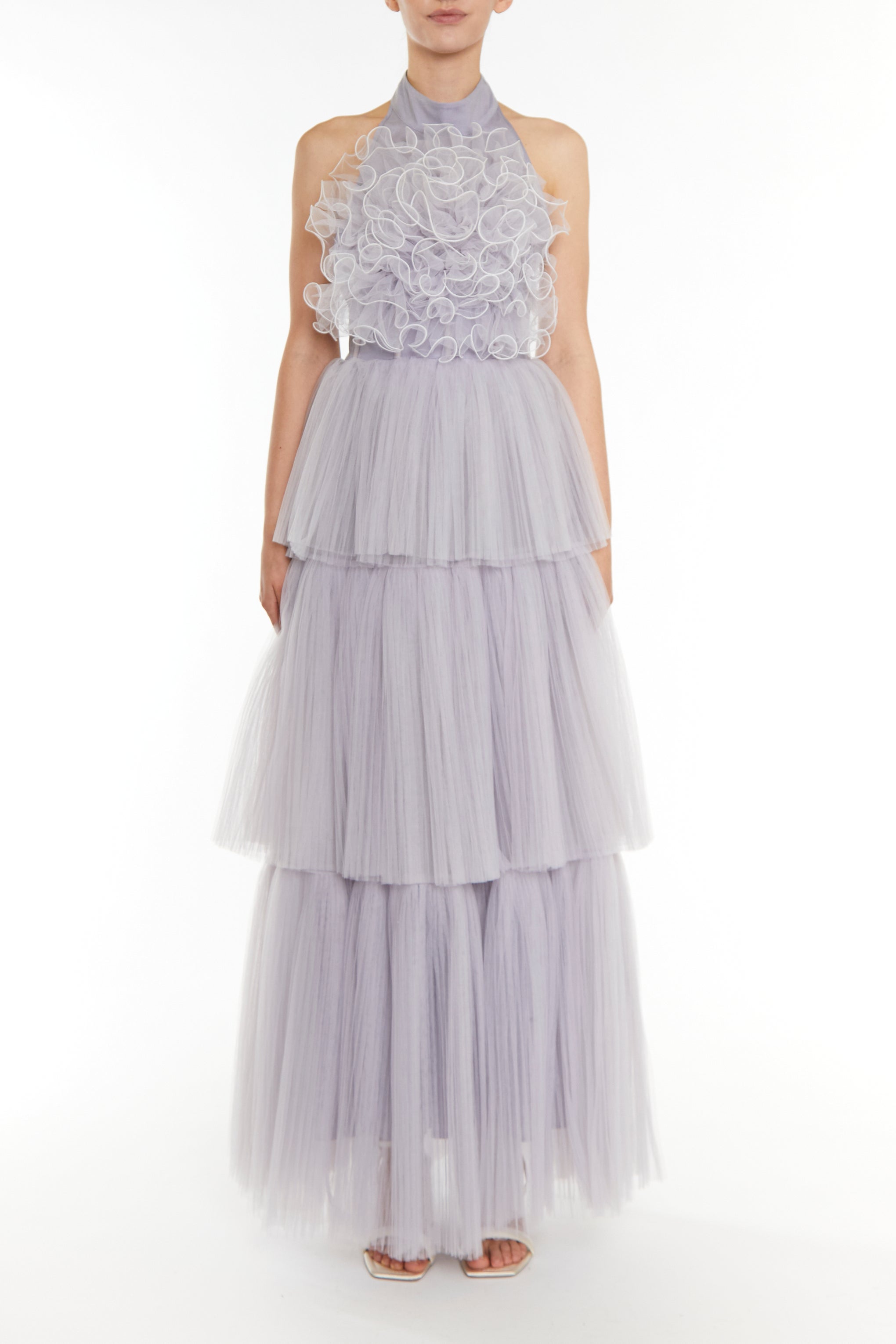 Tiffany Icy Lilac Grey Tiered Ruffle Corsage Maxi Dress-image-1