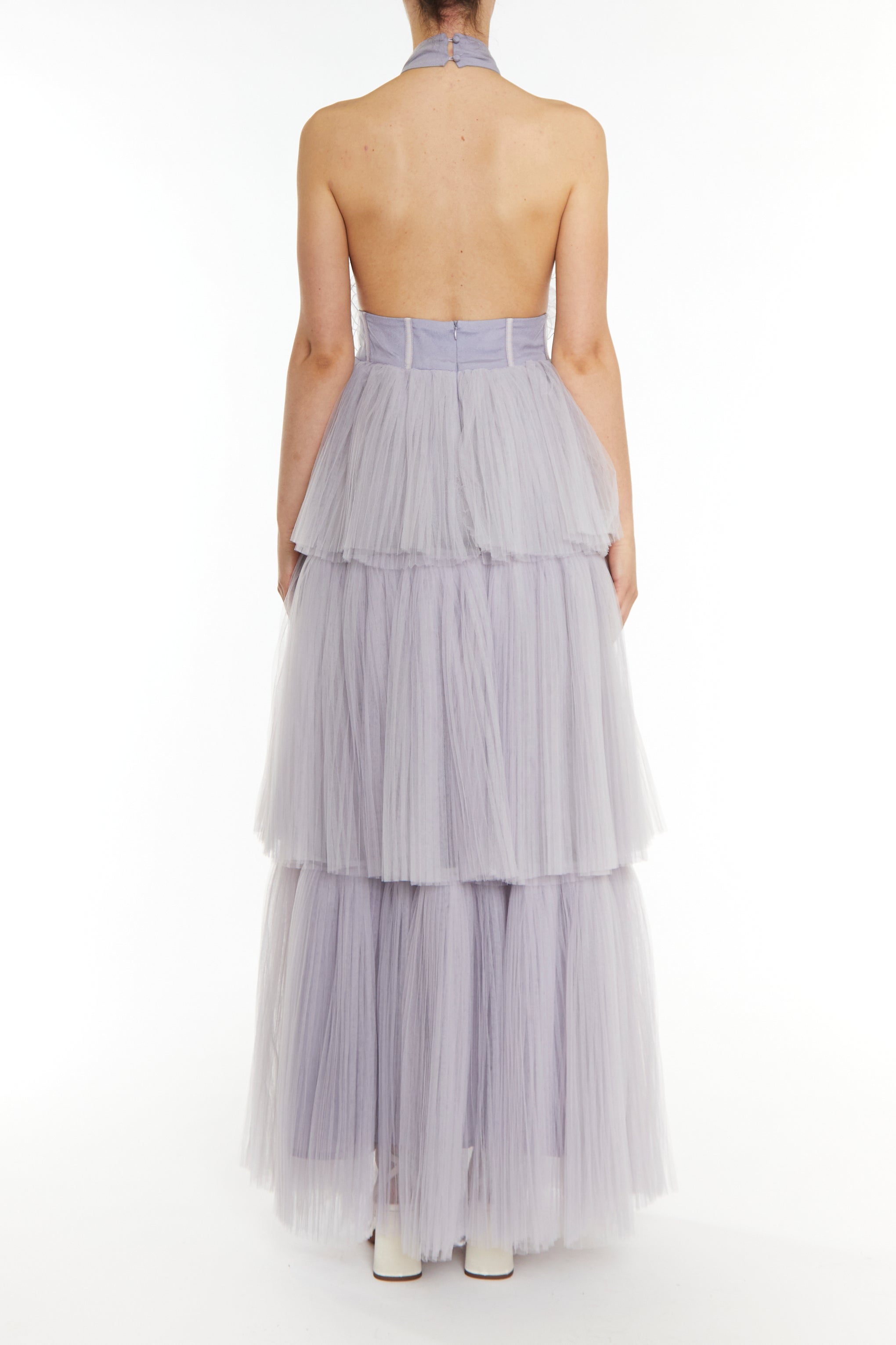 Tiffany Icy Lilac Grey Tiered Ruffle Corsage Maxi Dress-image-2