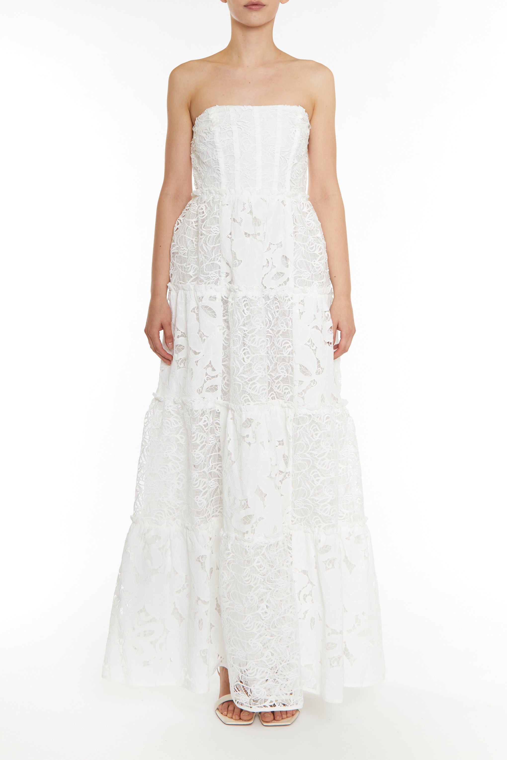 Serena White Patchwork Lace Tiered Bandeau Maxi Dress-image-1