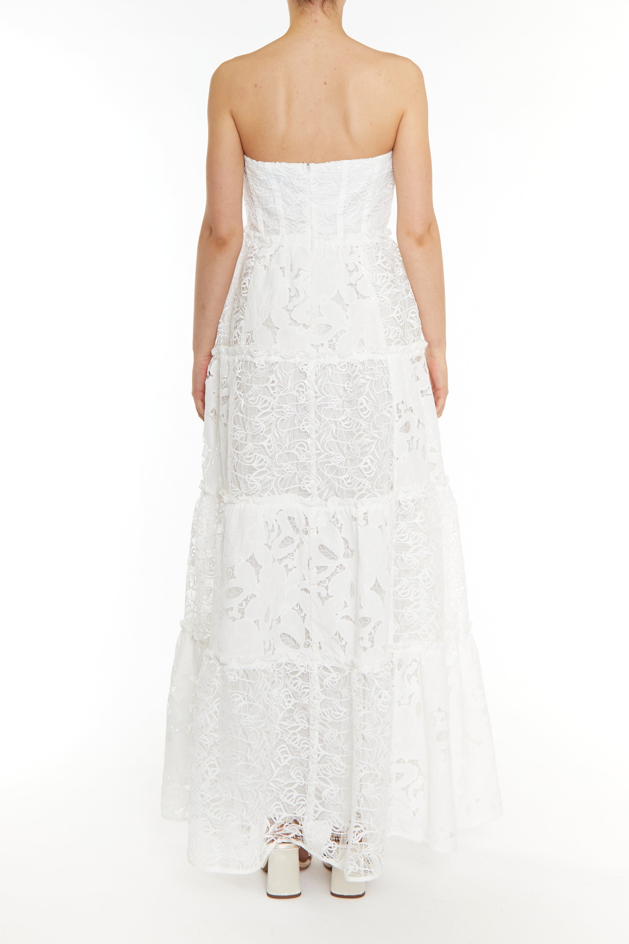 Serena White Patchwork Lace Tiered Bandeau Maxi Dress-image-2