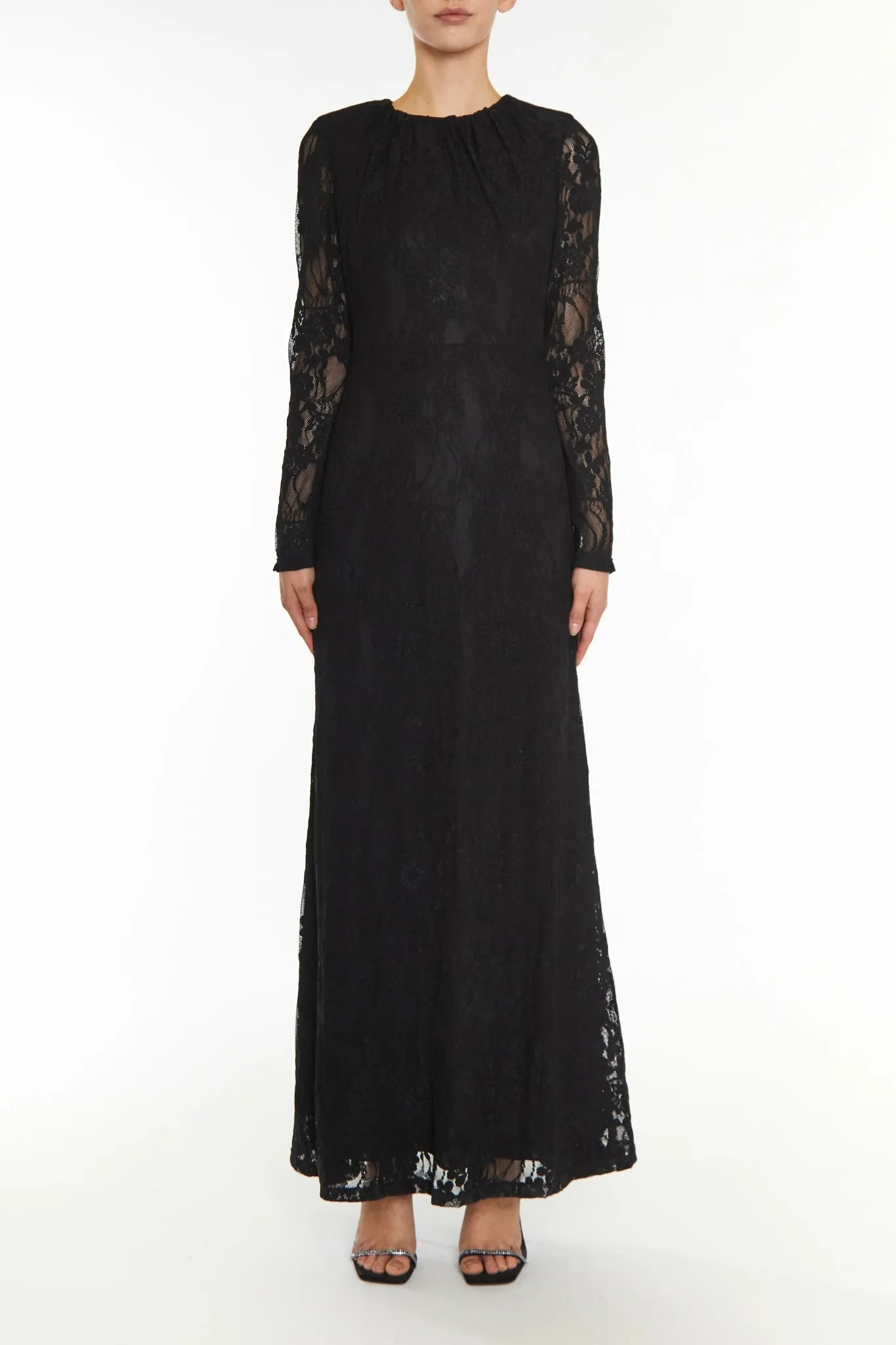 Siena Black Lace High Gathered Neck Maxi-Dress