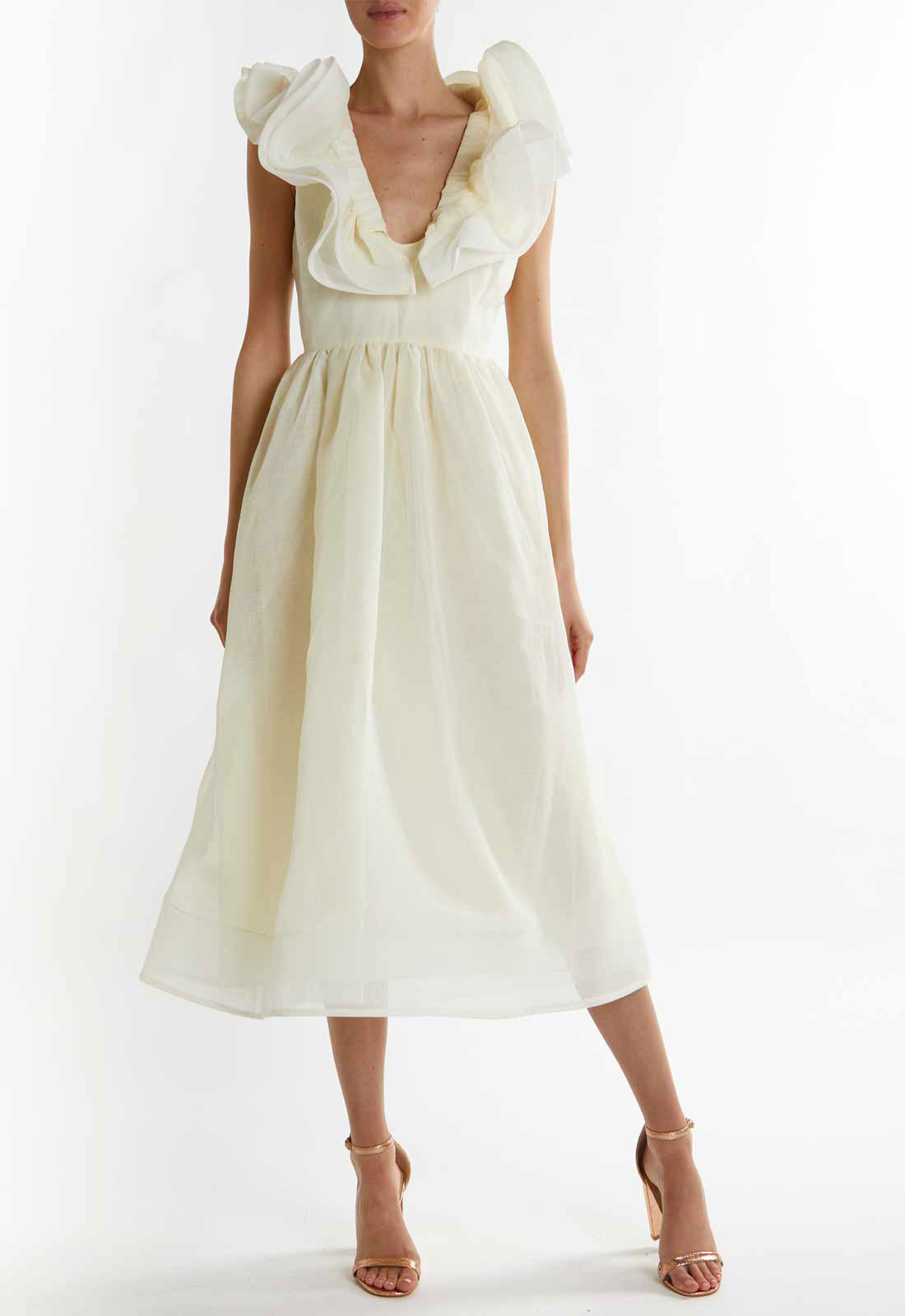 True Decadence Soft-Yellow Peyton Ruffle Midi Dress