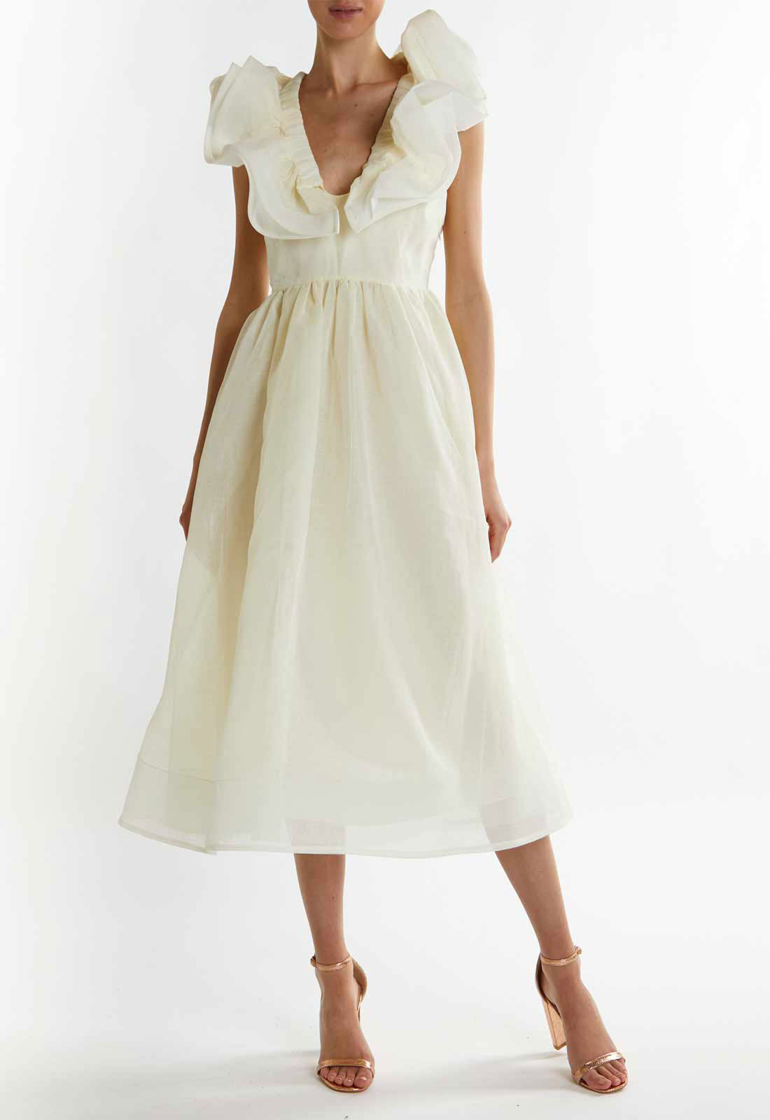 True Decadence Soft-Yellow Peyton Ruffle Midi Dress