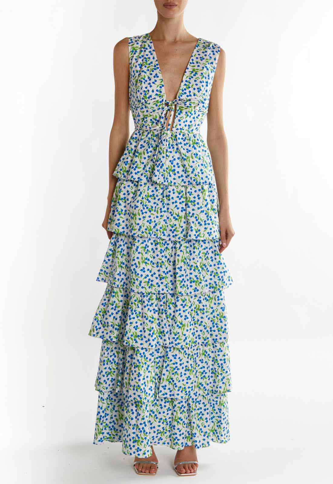 True Decadence White-Blueberry Print Genevieve Tiered Maxi Dress