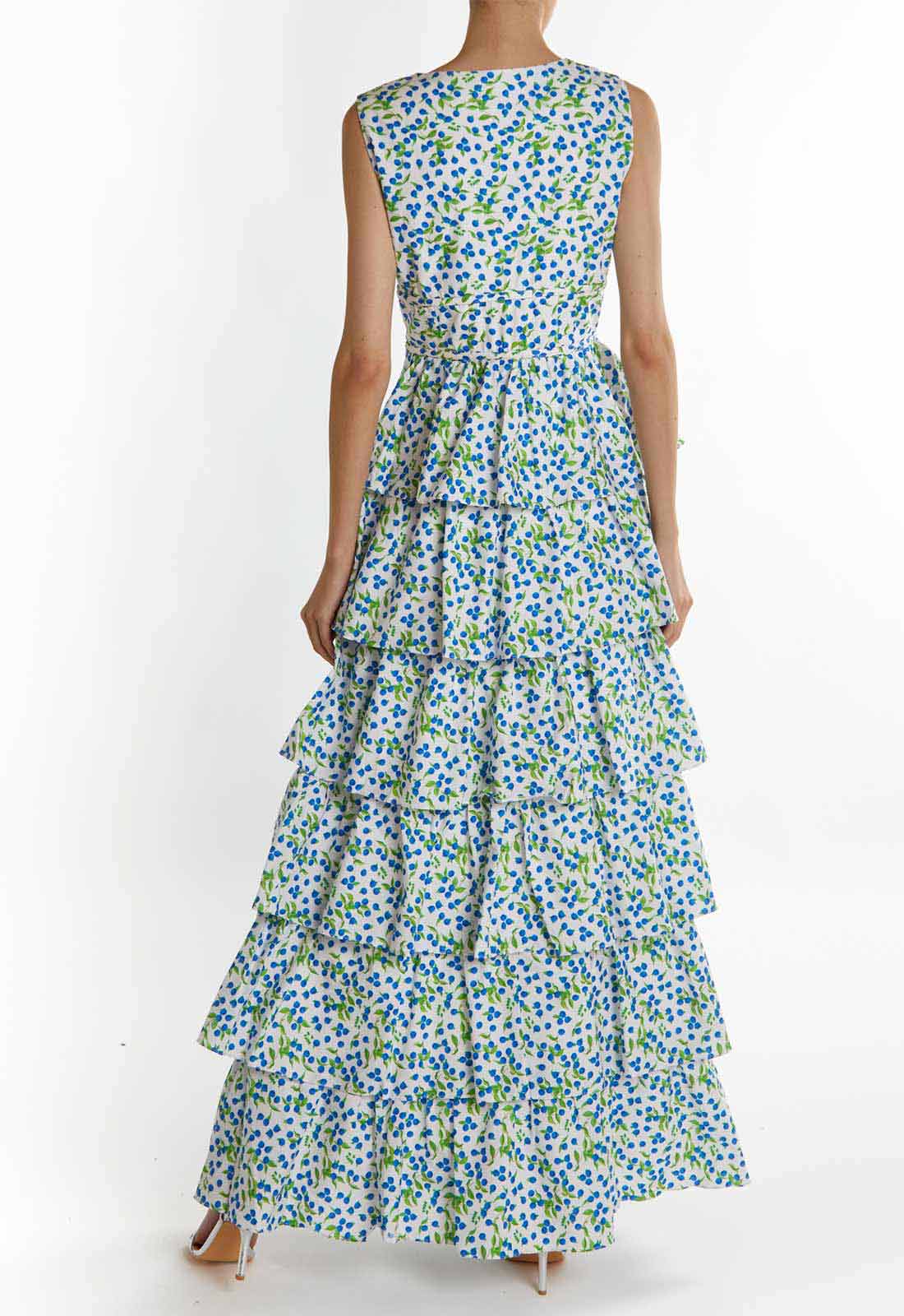 True Decadence White-Blueberry Print Genevieve Tiered Maxi Dress