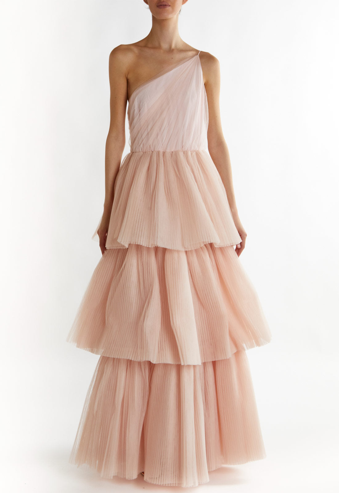 True Decadence Peach Liana Asymmetric Tiered Maxi Dress
