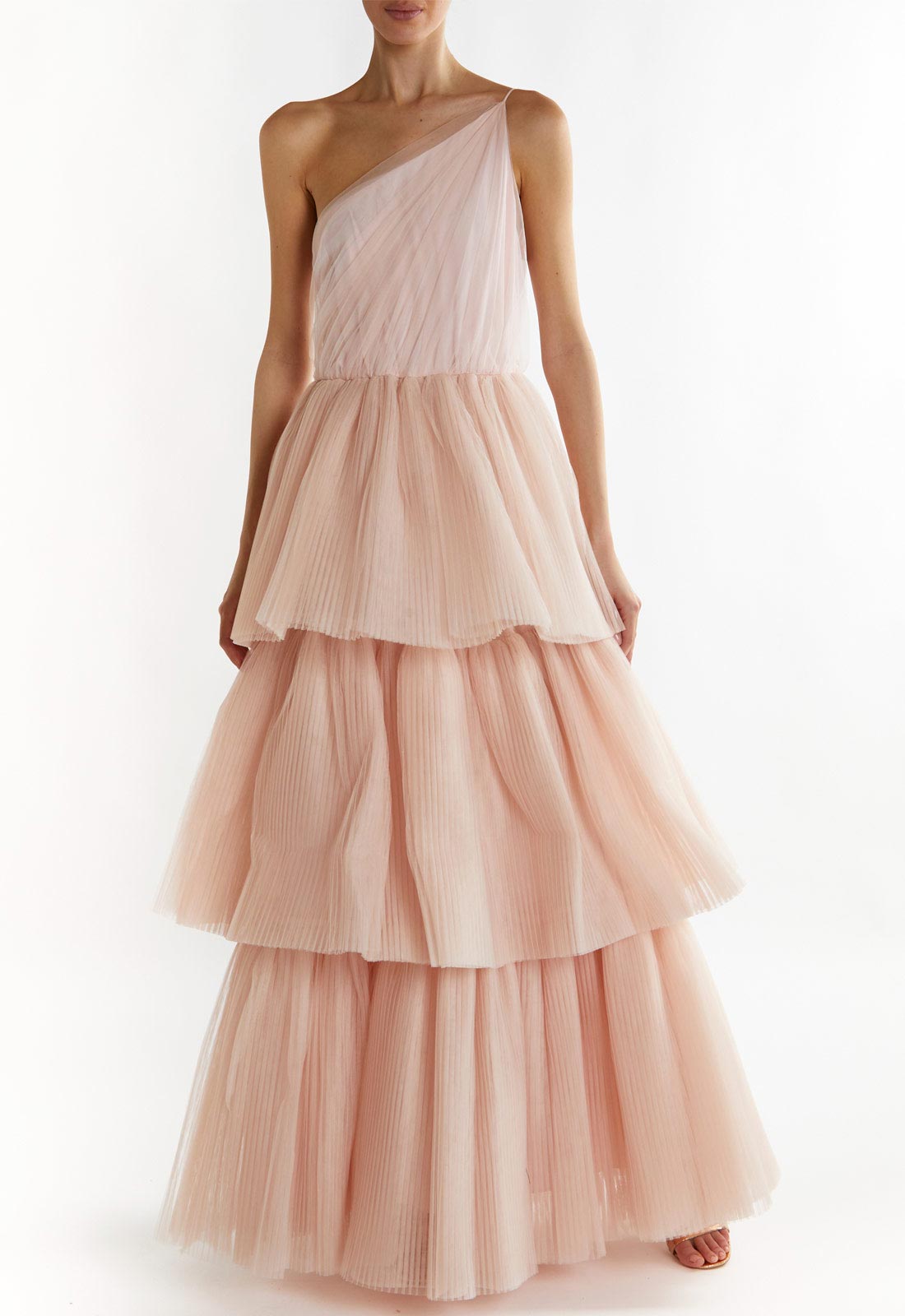 True Decadence Peach Liana Asymmetric Tiered Maxi Dress