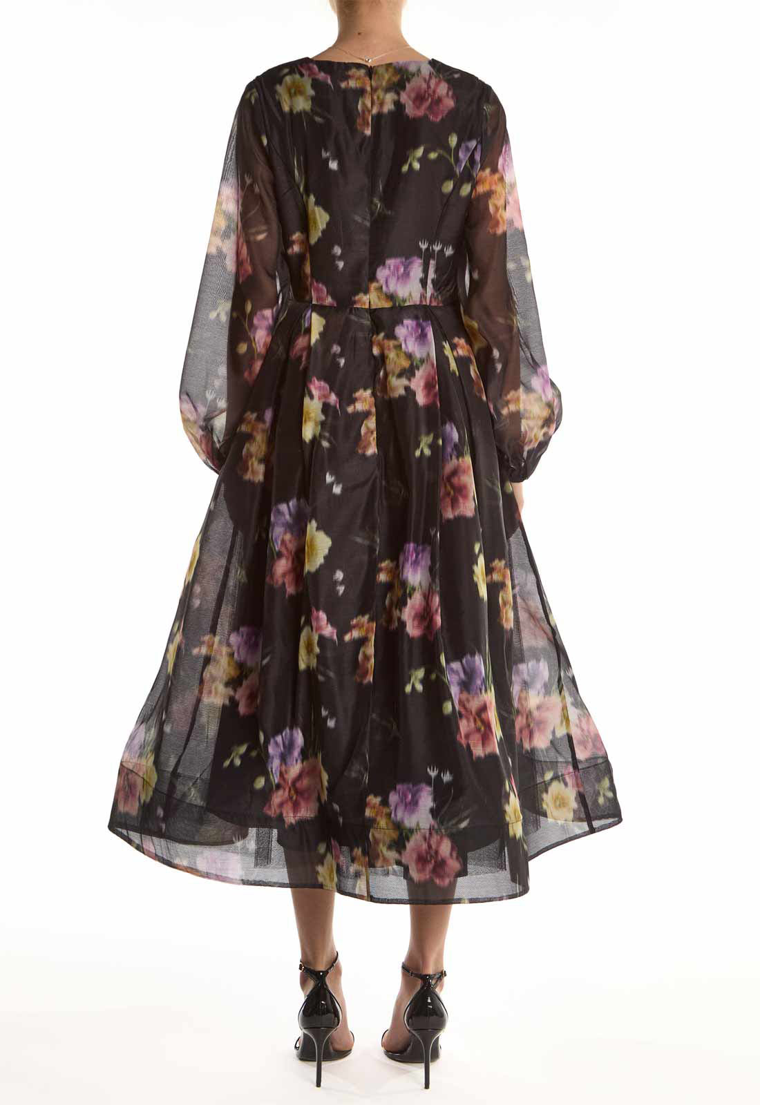 True Decadence Black Blur Flower Long-Sleeve V-Neck Midi Dress