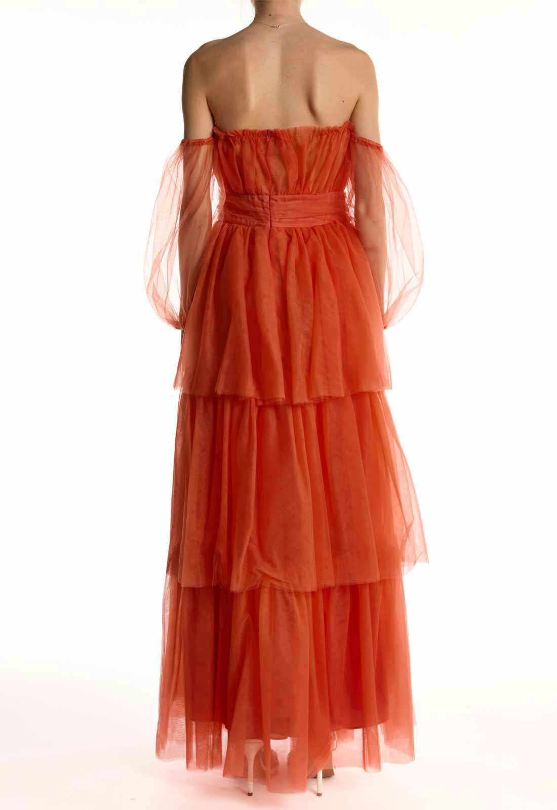 True Decadence Soft Rust Bardot Tiered Maxi Dress