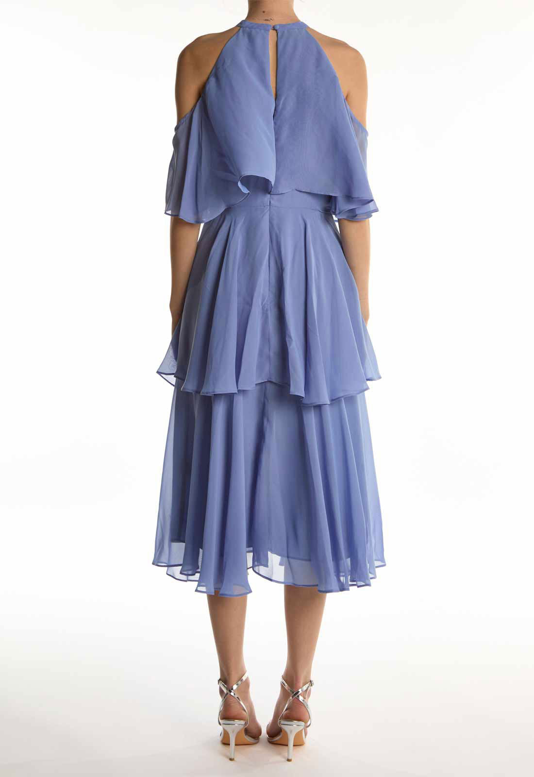 True Decadence Mid Blue High-Neck Ruffle Midi Dress