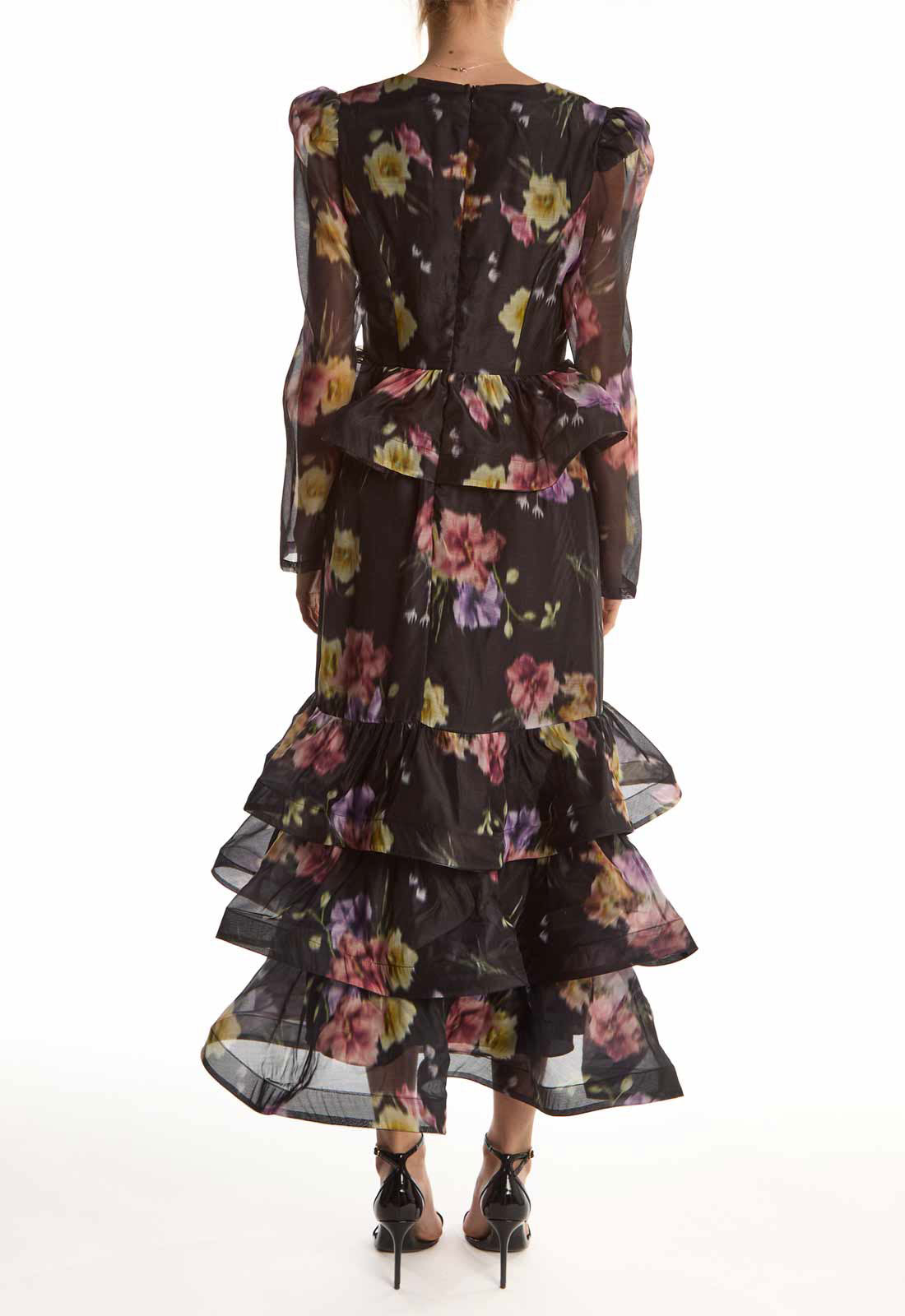 True Decadence Black Blur Flower Peplum Ruffle Midi Dress