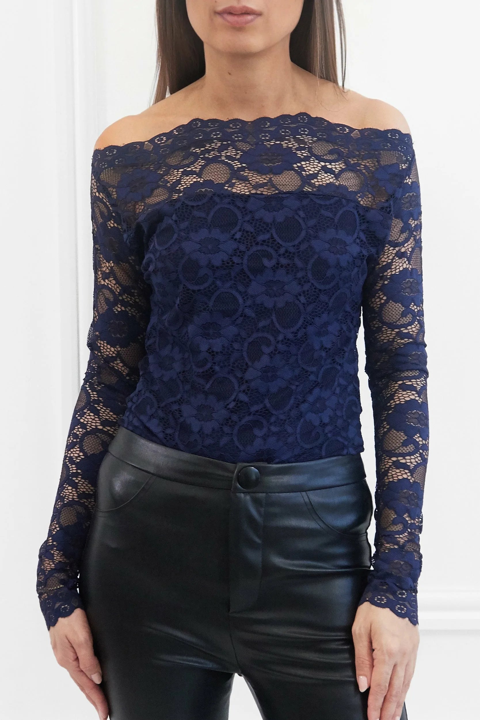 Honor Gold Addison Navy Bardot Lace Top With Extra Long Sleeves
