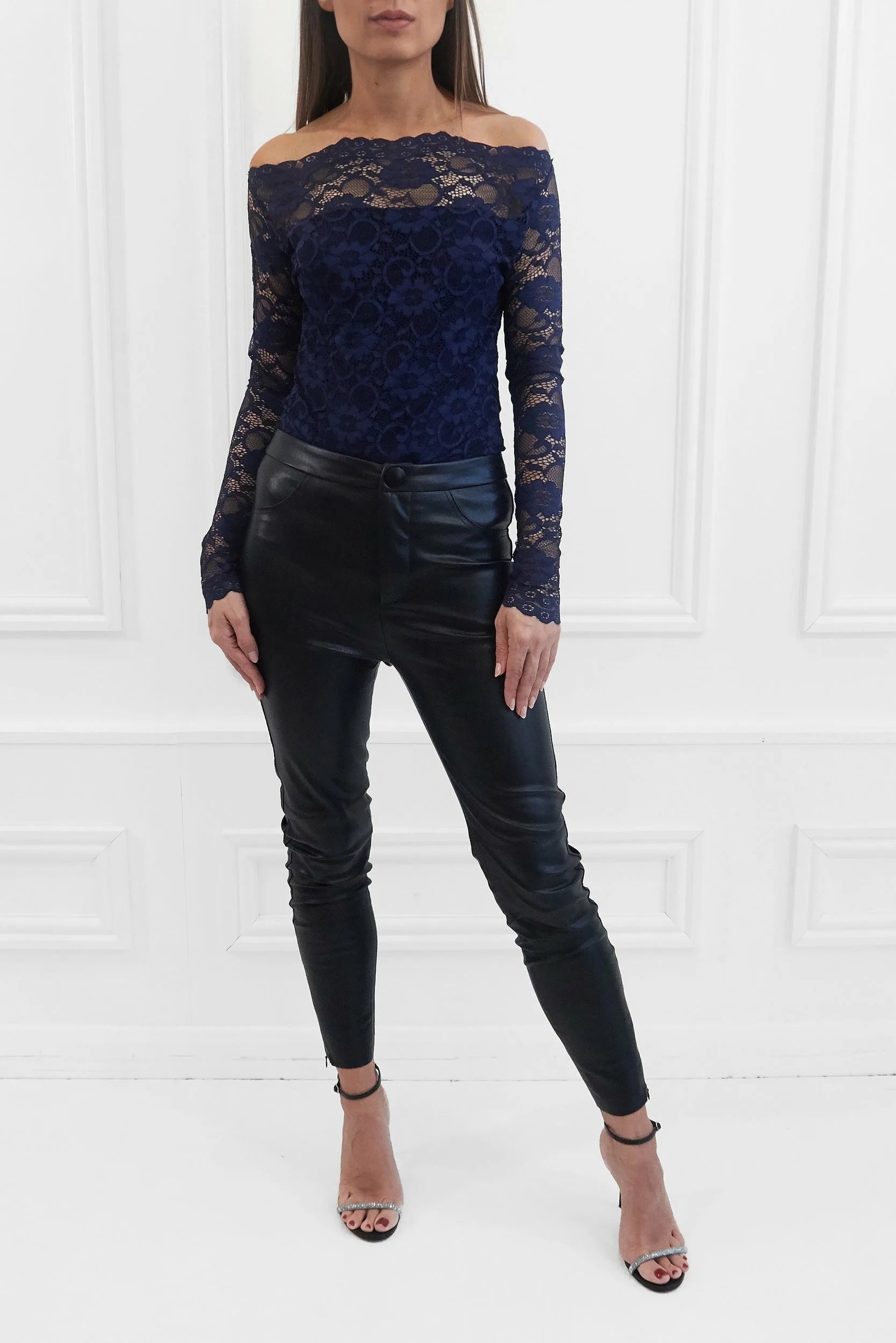 Honor Gold Addison Navy Bardot Lace Top With Extra Long Sleeves