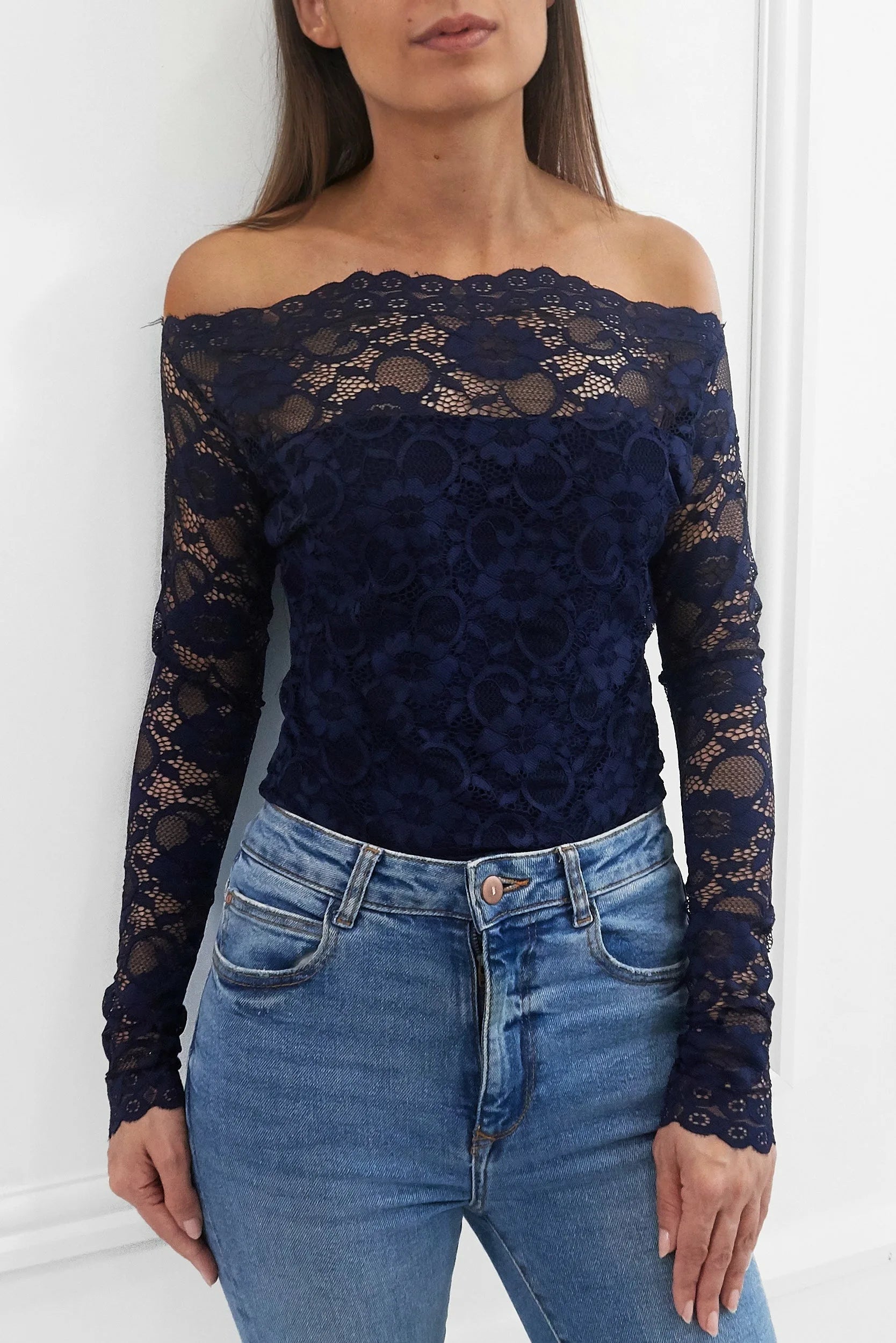 Honor Gold Addison Navy Bardot Lace Top With Extra Long Sleeves