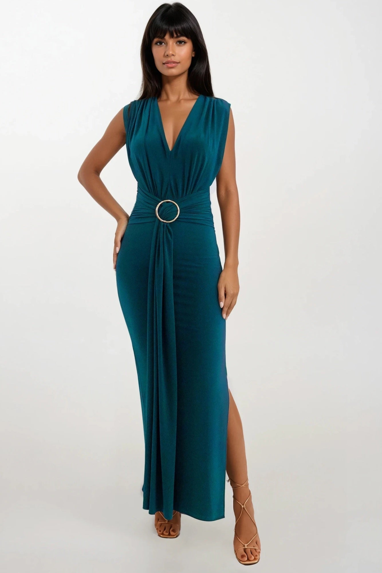 AMOR GREEN V FRONT EVENING WEAR MAXI DRESS WITH SIDE SPLIT AND FRONT SASH