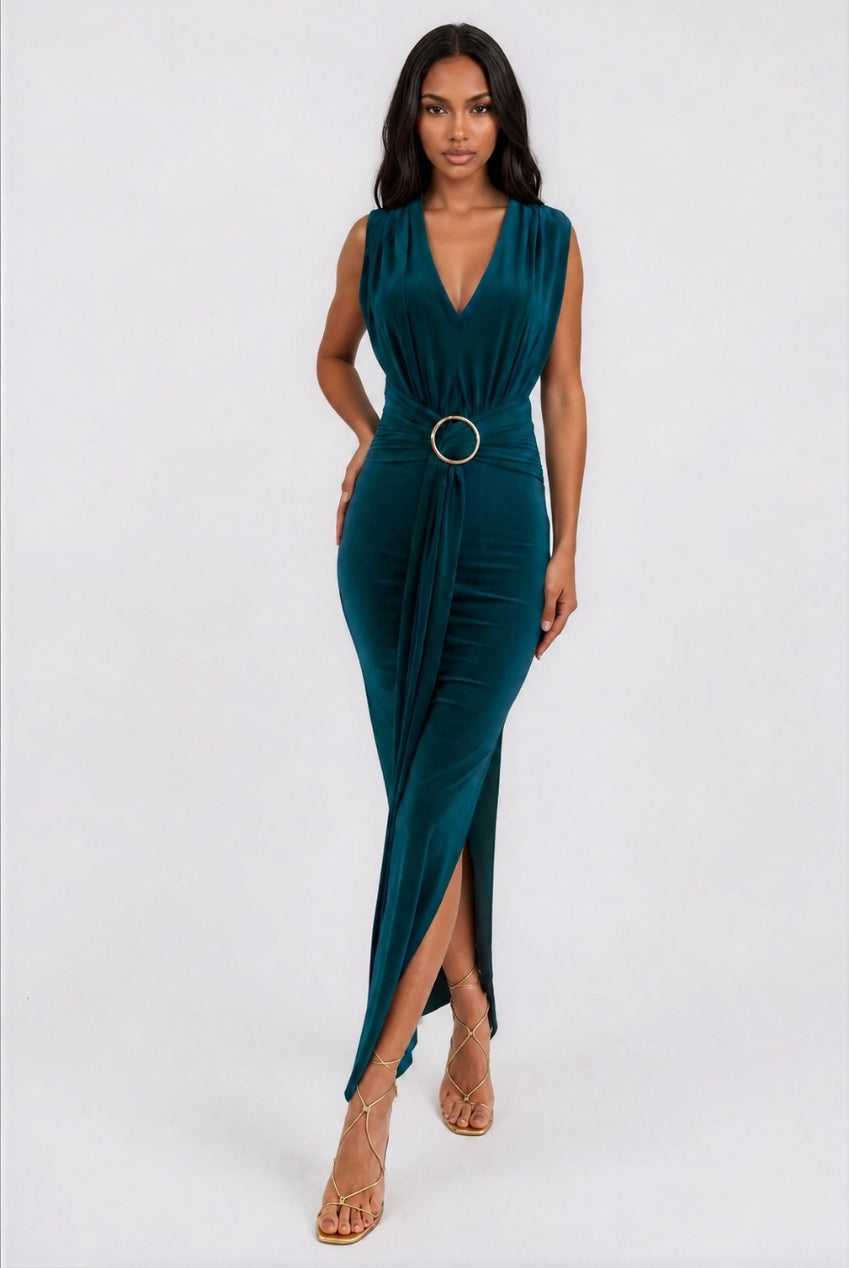 Amor Green V Front Maxi Dress With Front Sash - Side View | Honor Gold