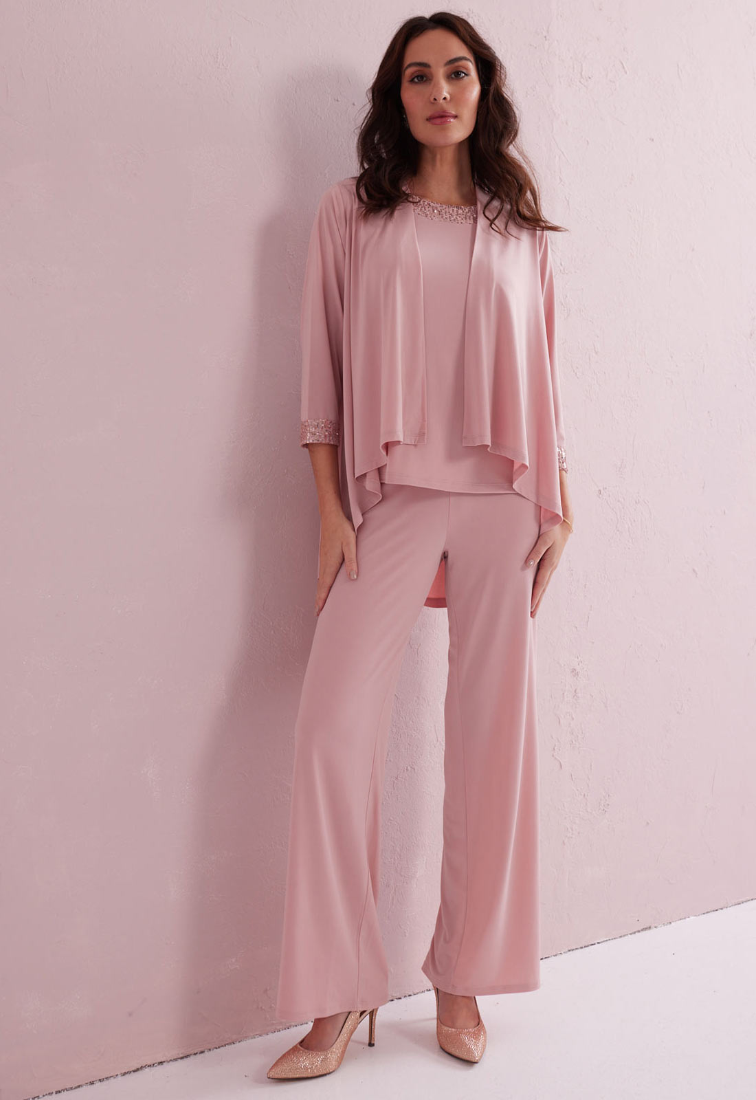 pink trouser suit