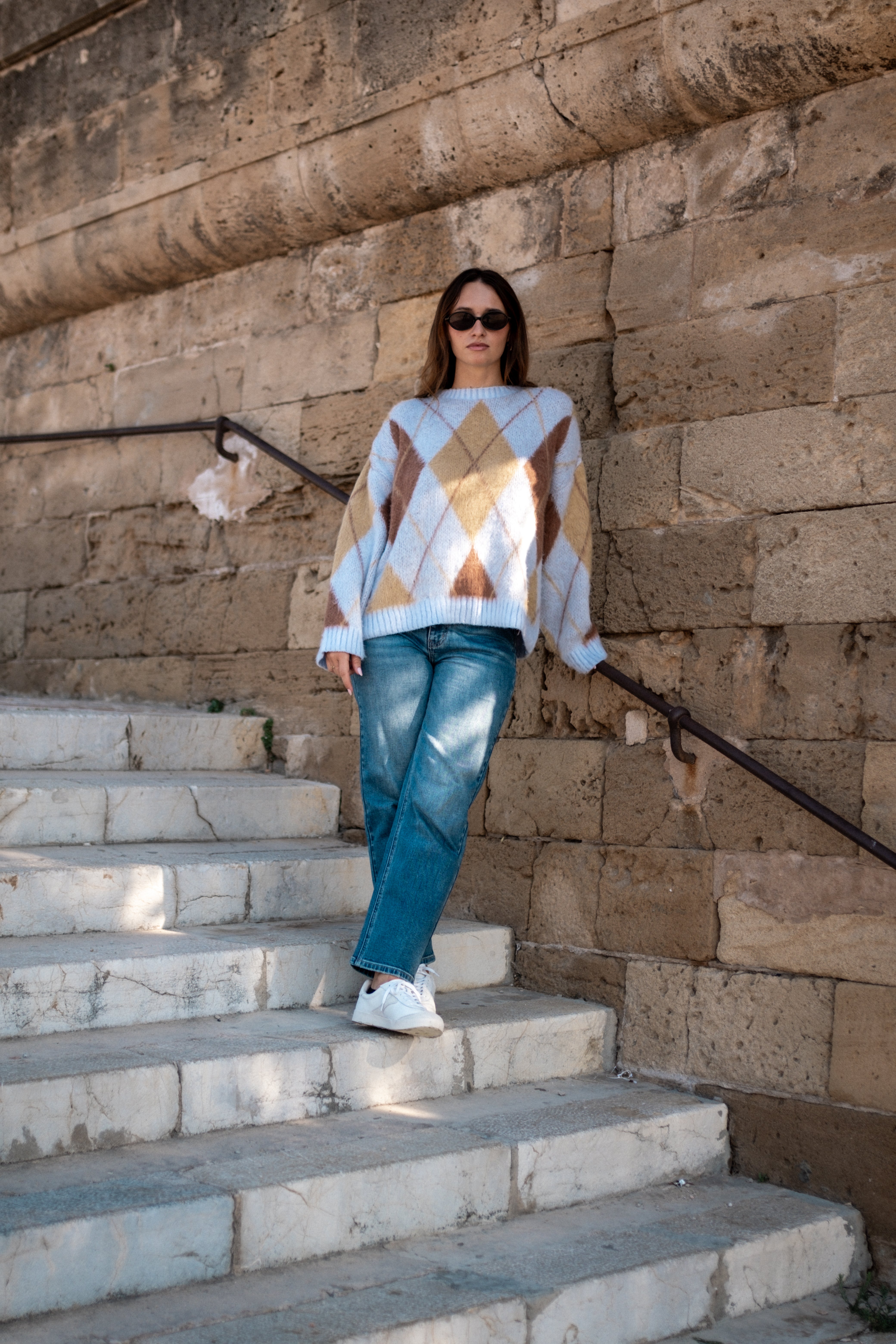 Gini London Blue Argyle Knit Round Neck Jumper