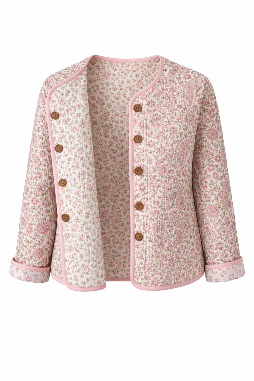 Soul Of Sita Pink/Green Floral Wood Block Printed Reversible Jacket With Wooden Buttons, 100% Cotton, Hand Printed By Amazingly Talented Artisans In Jaipur.