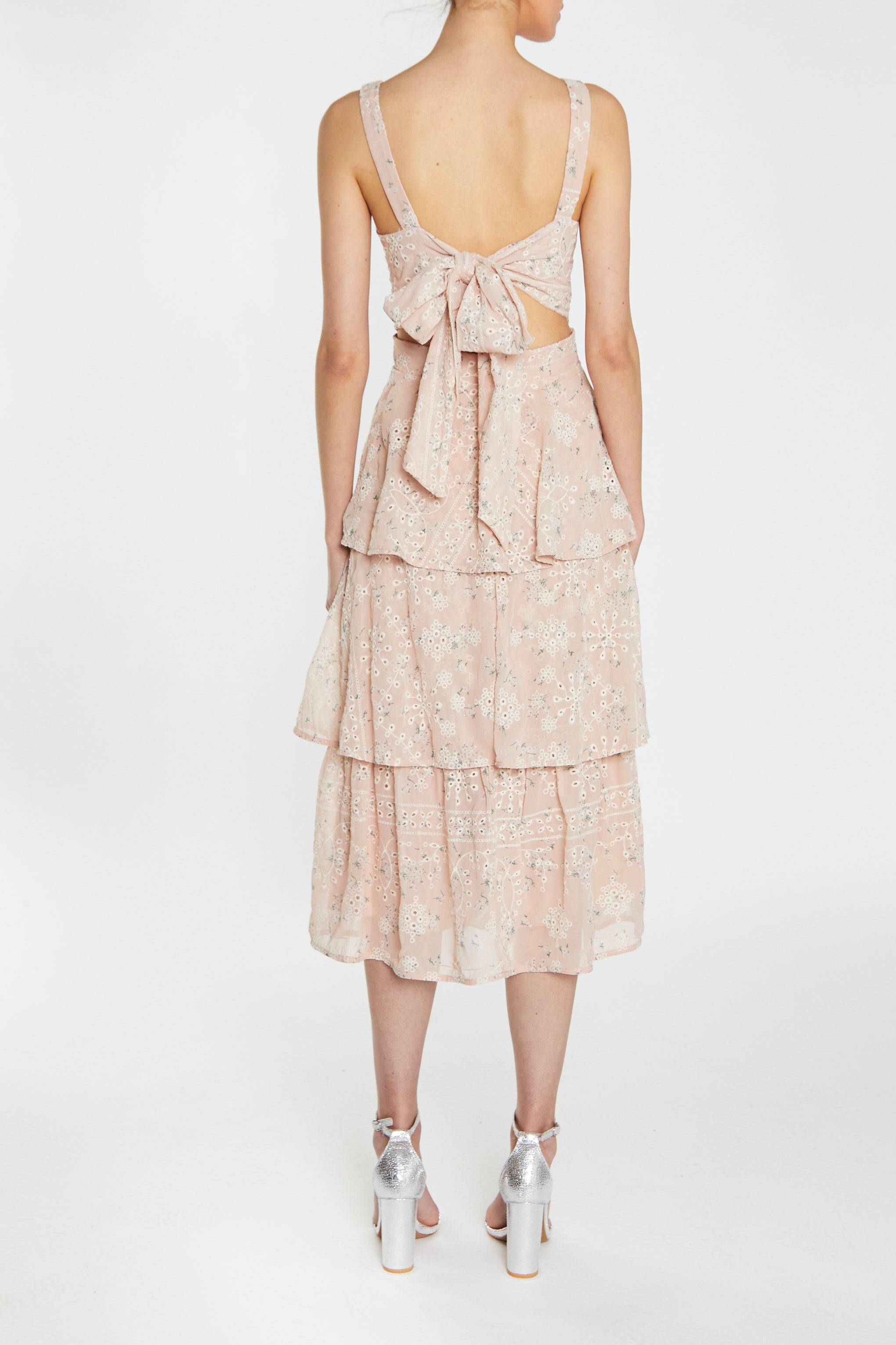 Clara Nude-Floral Broderie Bow Back Tiered Midi Dress-image-2