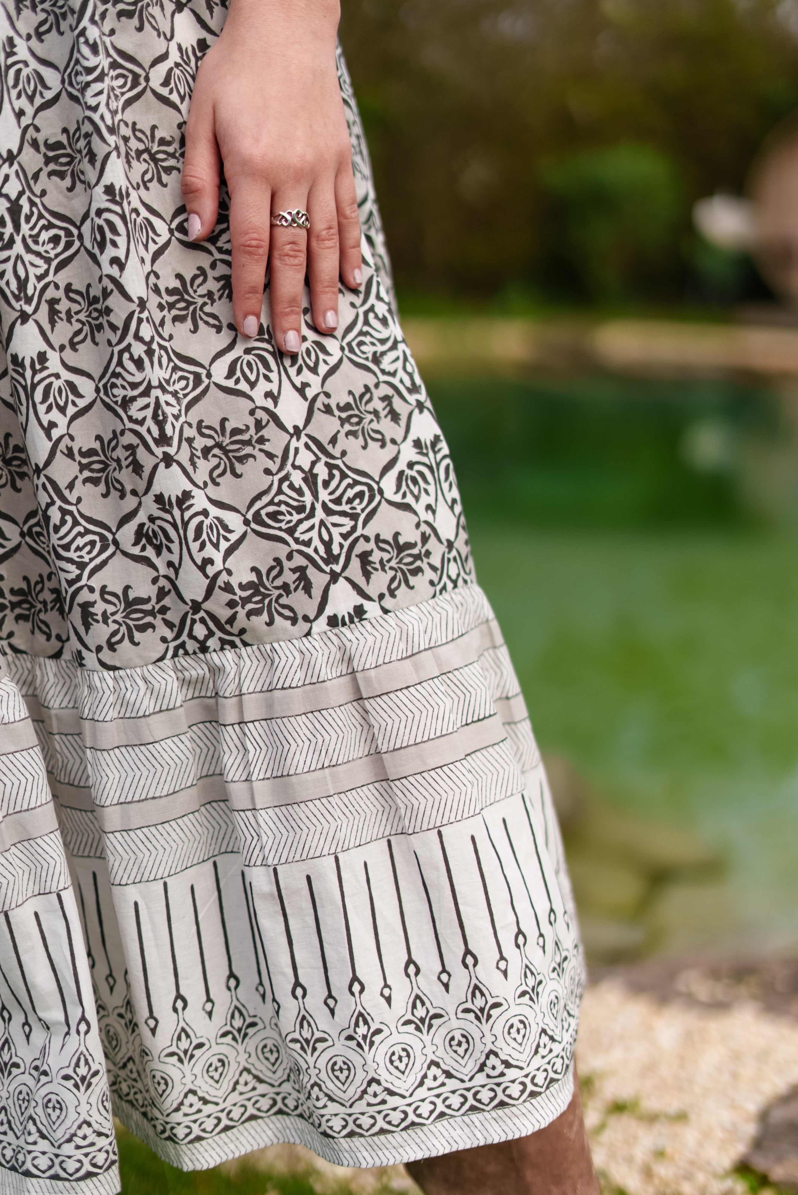 Soul Of Sita Aria Black And Ecru Woodblock Print Midi Dress With Tie Front Detail. 100% Cotton