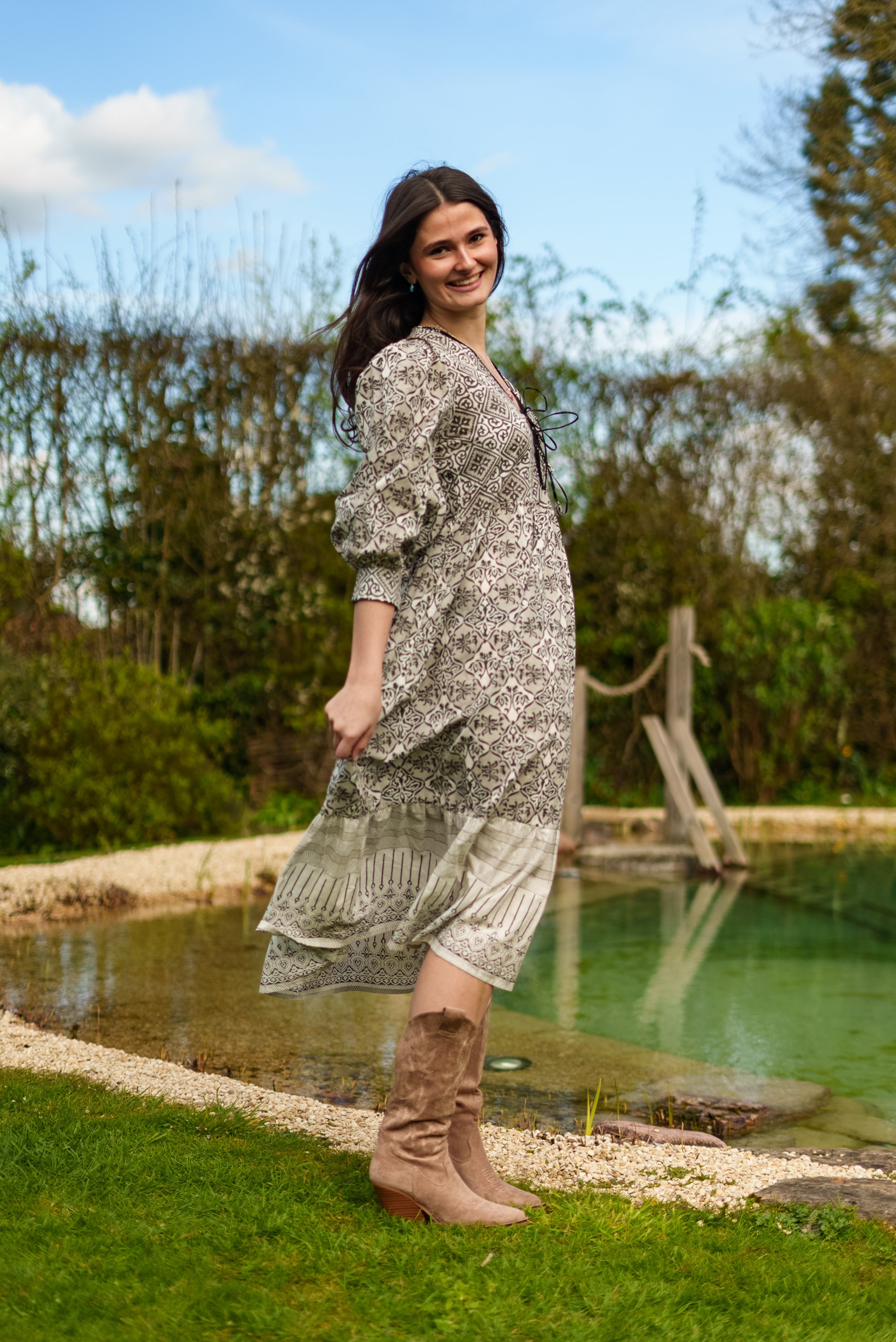 Soul Of Sita Aria Black And Ecru Woodblock Print Midi Dress With Tie Front Detail. 100% Cotton