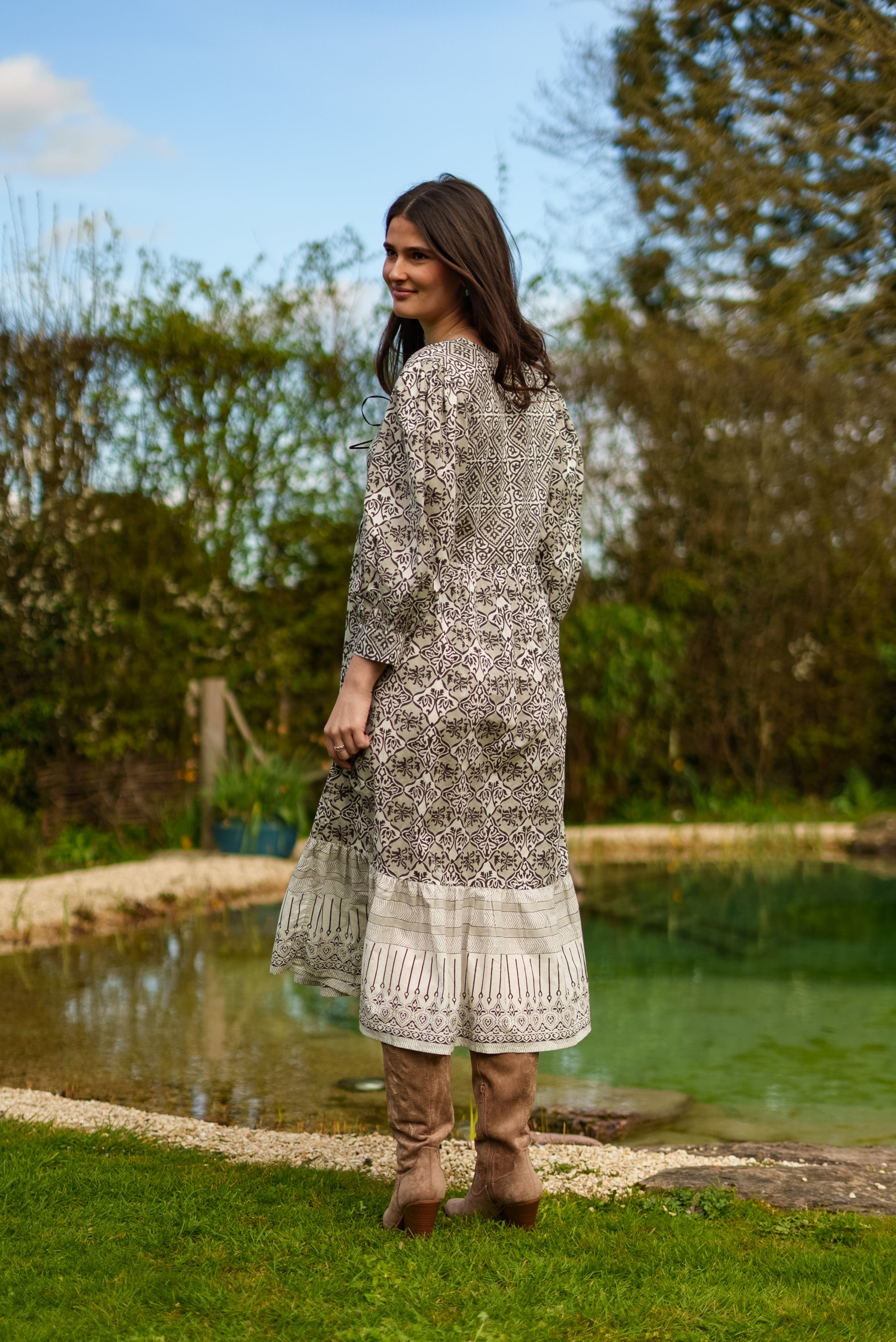 Soul Of Sita Aria Black And Ecru Woodblock Print Midi Dress With Tie Front Detail. 100% Cotton