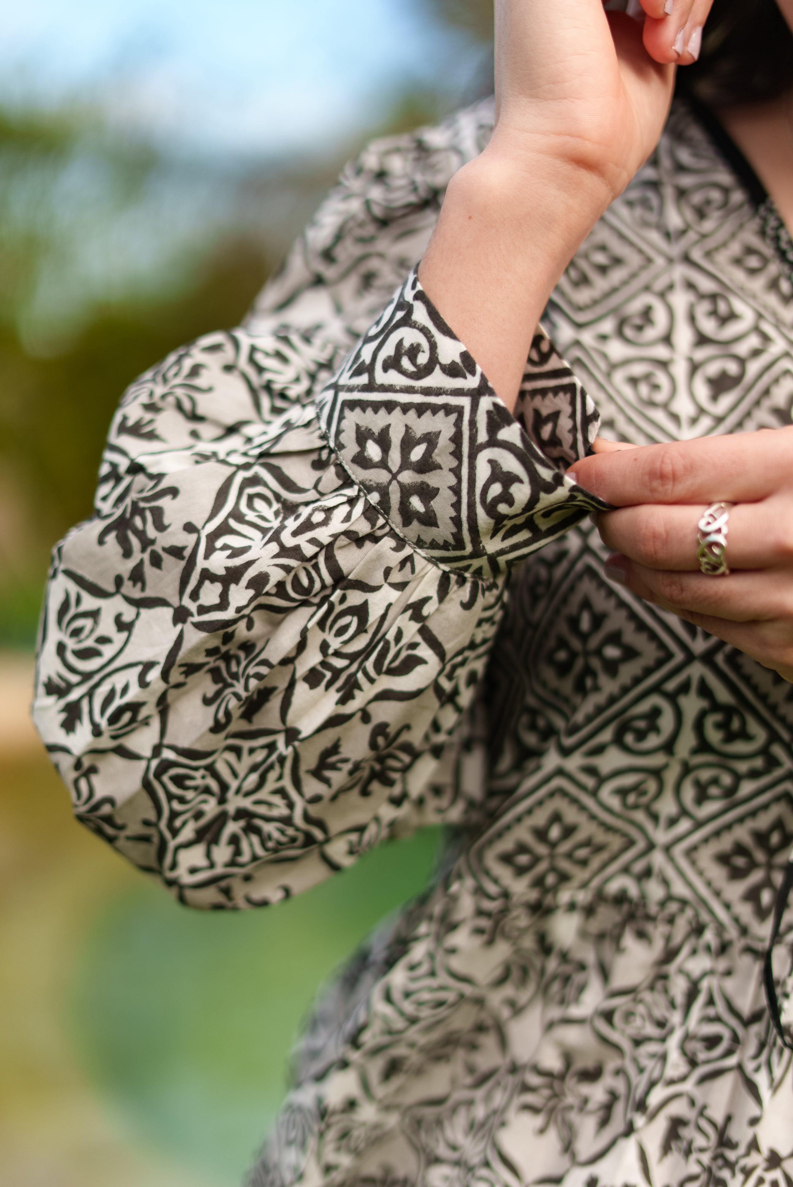 Soul Of Sita Aria Black And Ecru Woodblock Print Midi Dress With Tie Front Detail. 100% Cotton