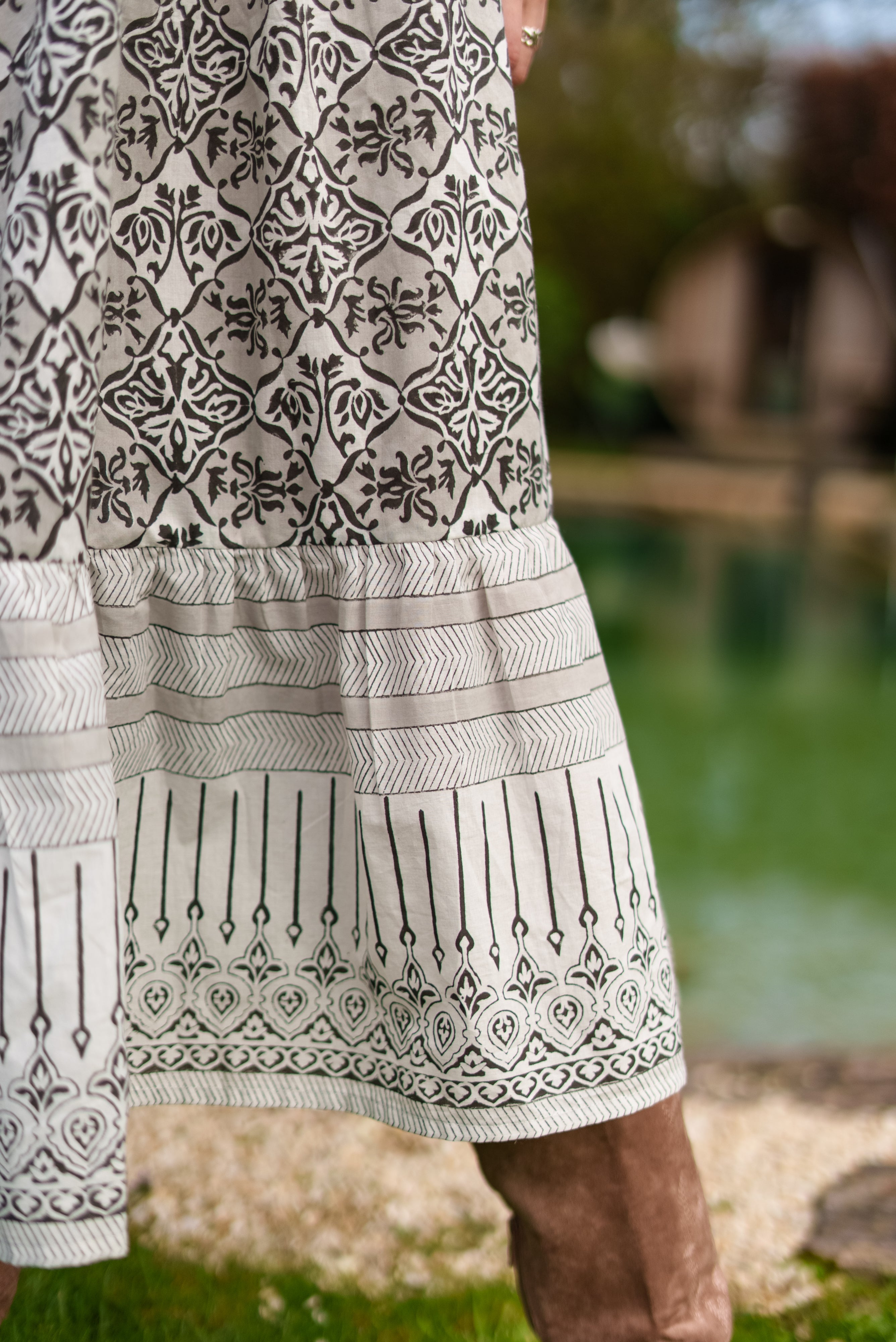 Soul Of Sita Aria Black And Ecru Woodblock Print Midi Dress With Tie Front Detail. 100% Cotton