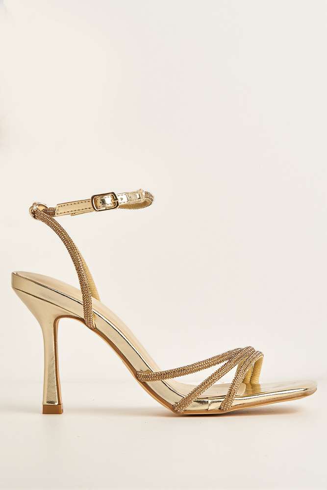 Miss Diva Gold Camina Diamante Embellished 3 Strap Heels